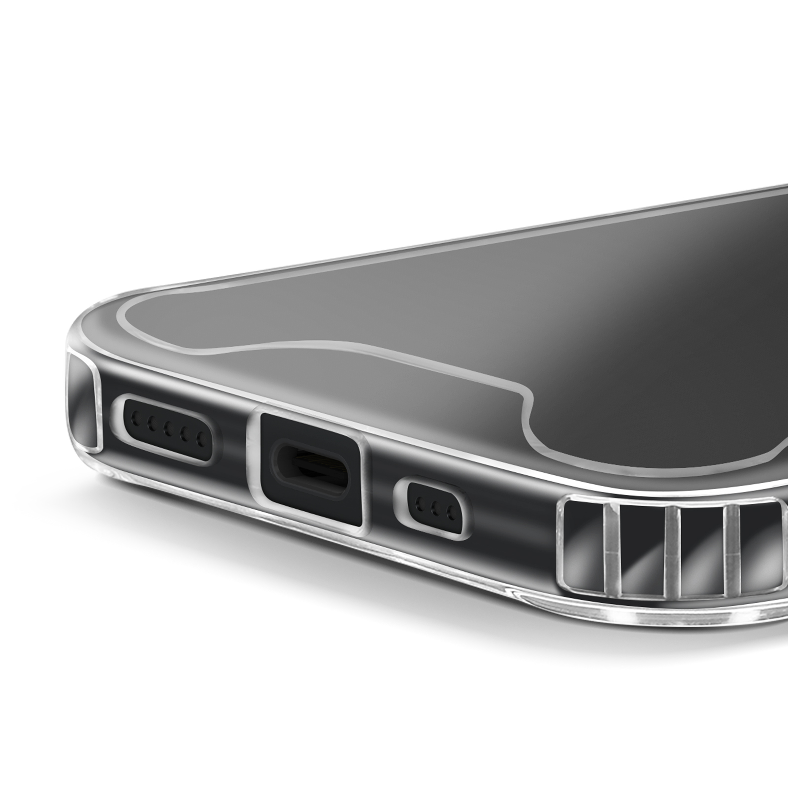 Primo piano di una custodia trasparente per telefono. Mostra il bordo inferiore con ritagli per la ricarica e gli altoparlanti. Sfondo bianco.
