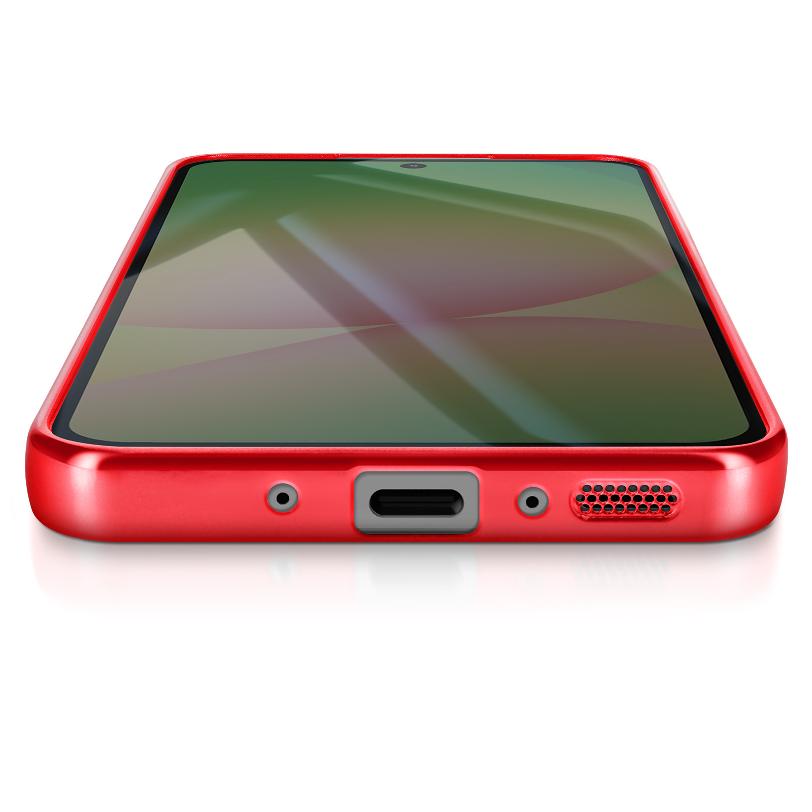 Un smartphone rouge repose sur une surface blanche. L'écran affiche des motifs abstraits. Le bas a des ports et un haut-parleur.