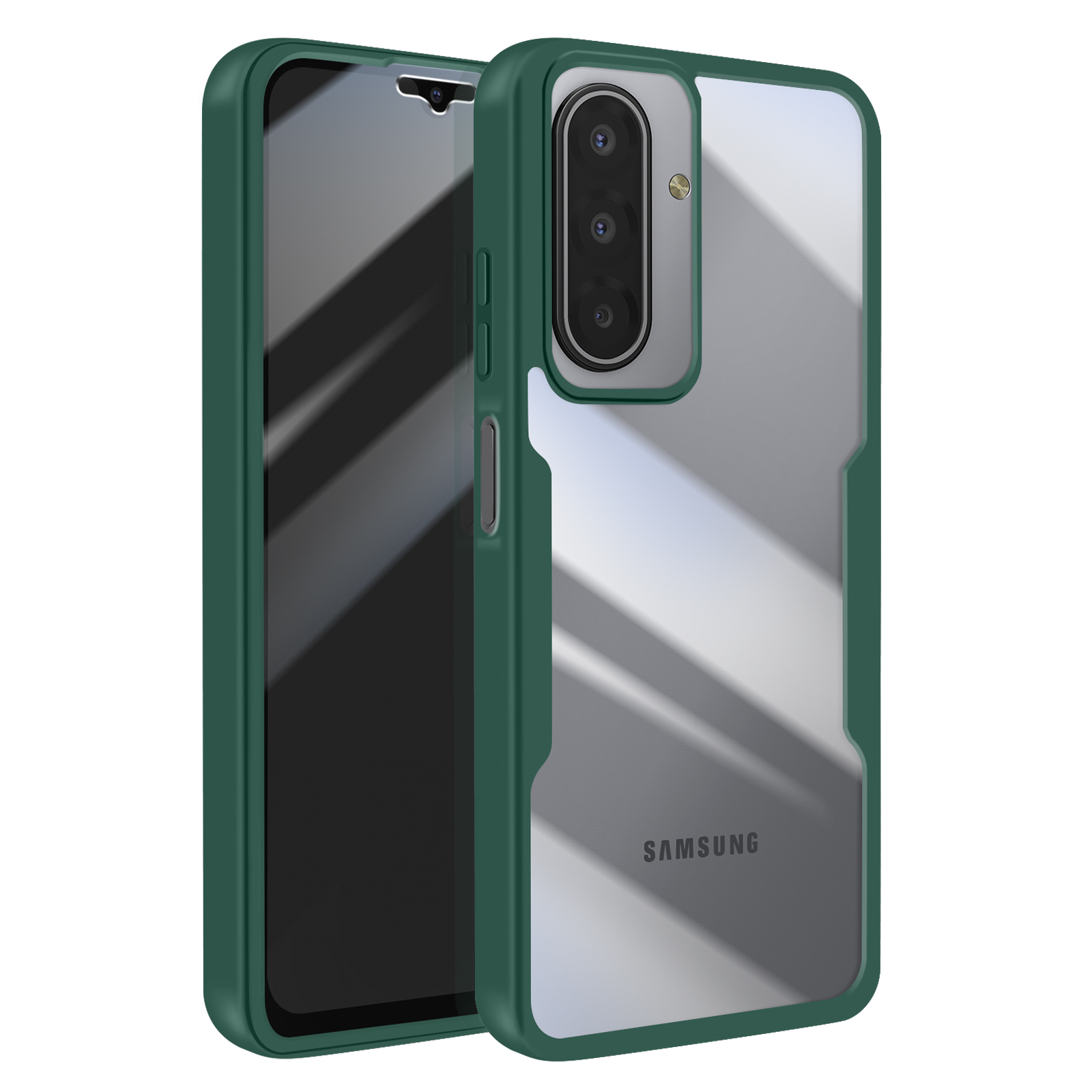Een telefoonhoesje, groen frame met een doorzichtige achterkant. Telefoonscherm zichtbaar. Samsung-logo aanwezig. Cameralenzen zijn zichtbaar.