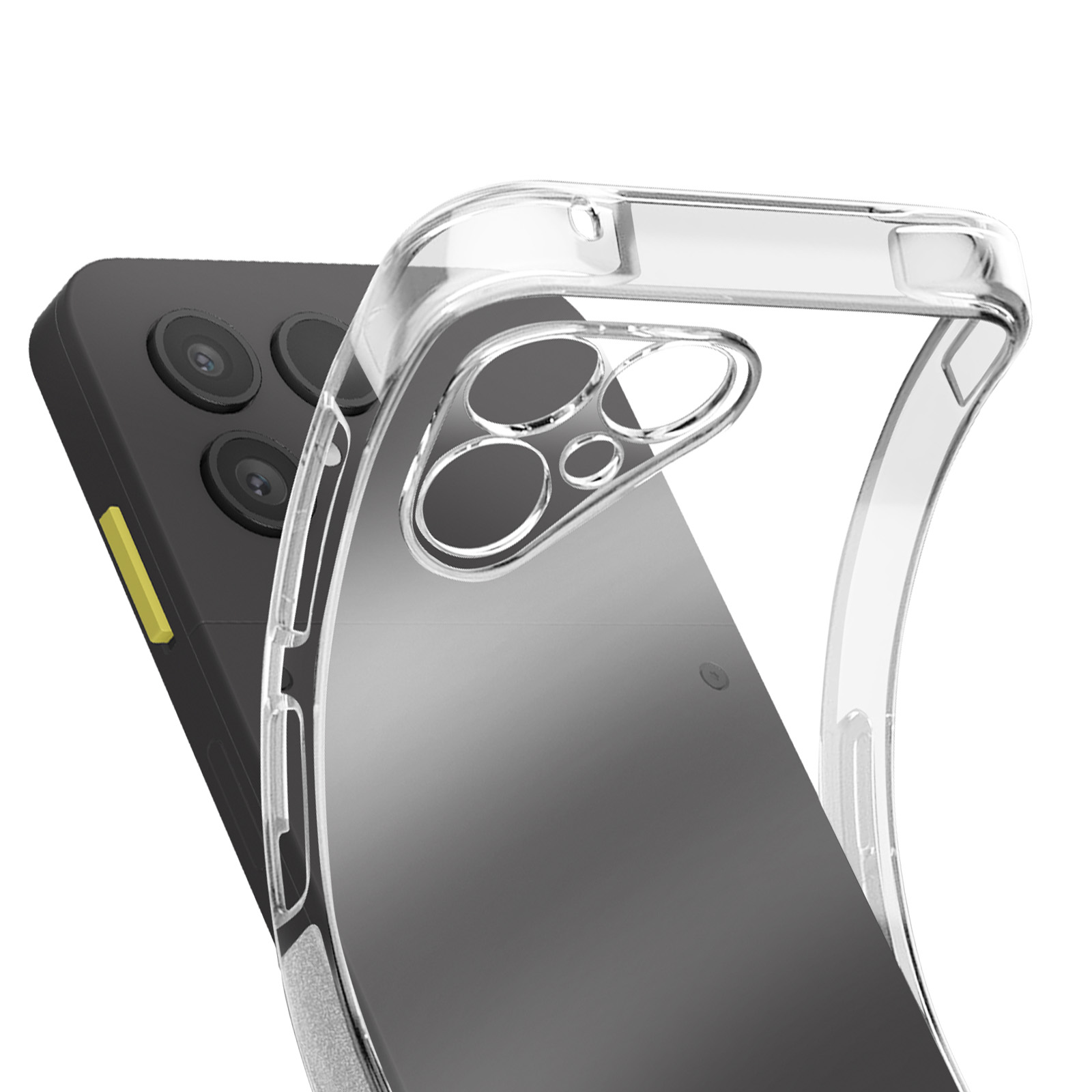 Eine transparente Handyhülle über einem schwarzen Telefon. Die Hülle ist durchsichtig und das Telefon hat mehrere Kameralinsen.