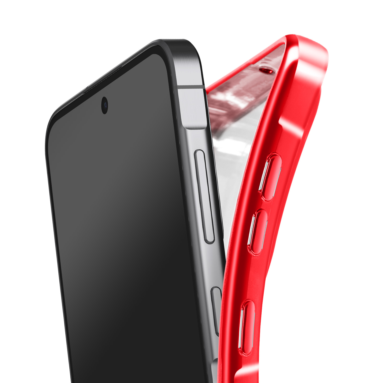 Un smartphone à écran noir et une coque rouge sur fond blanc. La coque est légèrement détachée.