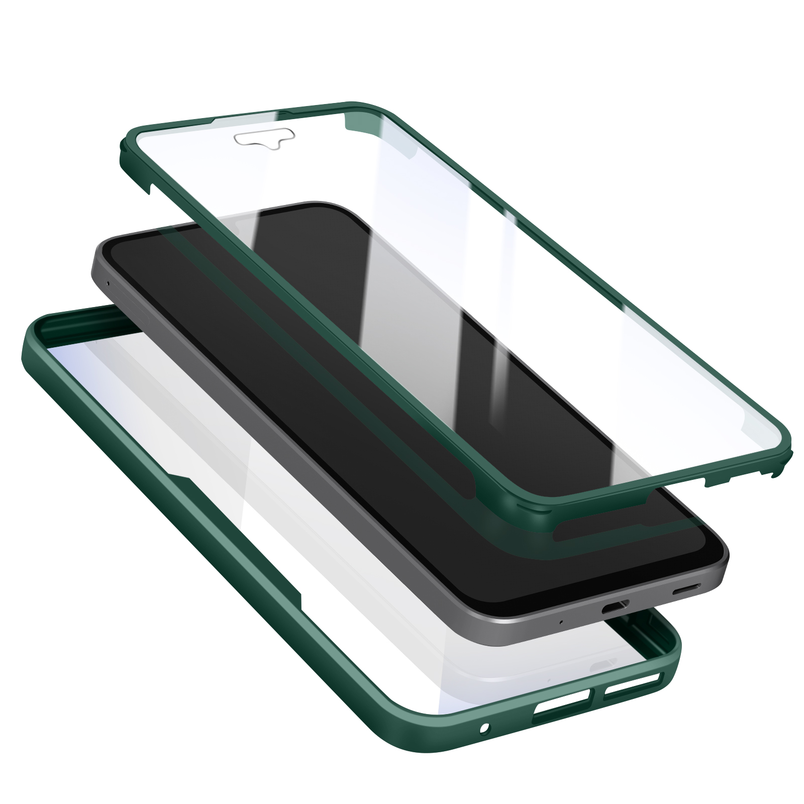 Een exploded view van een telefoon met een groene case en schermbeschermer. De telefoon staat in het midden, de case boven en onder.