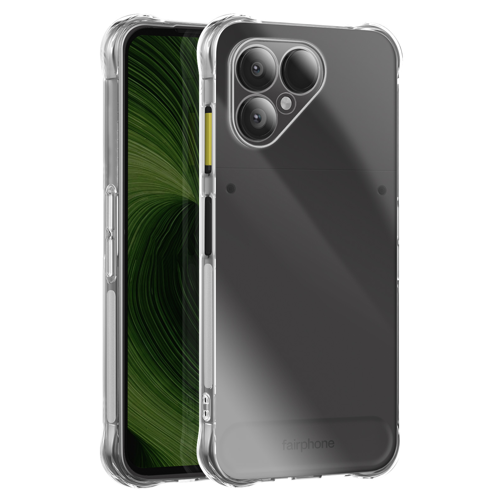 Ein Telefon in einer durchsichtigen Hülle. Das Telefon hat ein grün-weißes Muster auf dem Bildschirm. Die Hülle ist transparent.