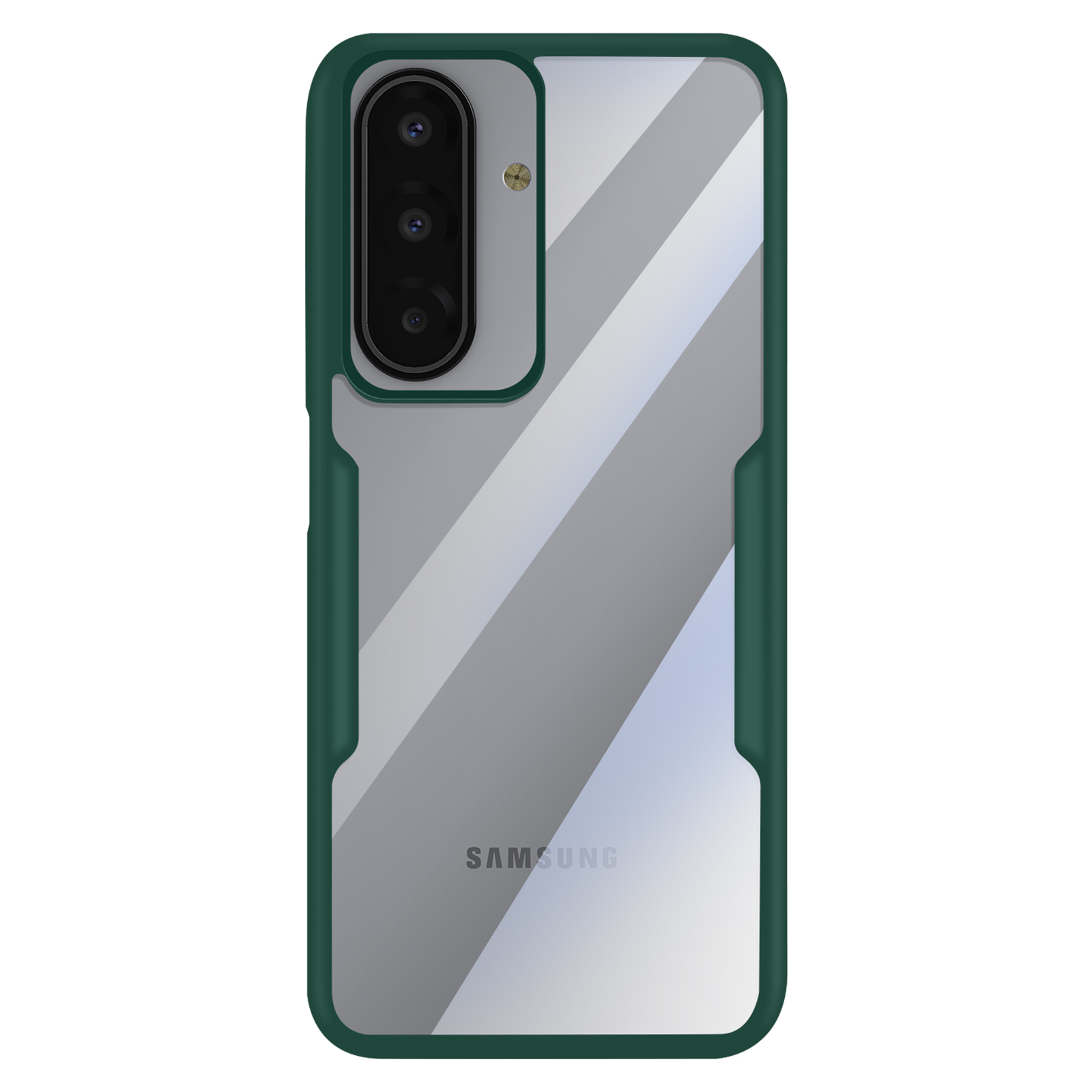 Transparante telefoonhoes met groen frame en Samsung logo. Het heeft een drievoudige camera en een transparante achterkant.
