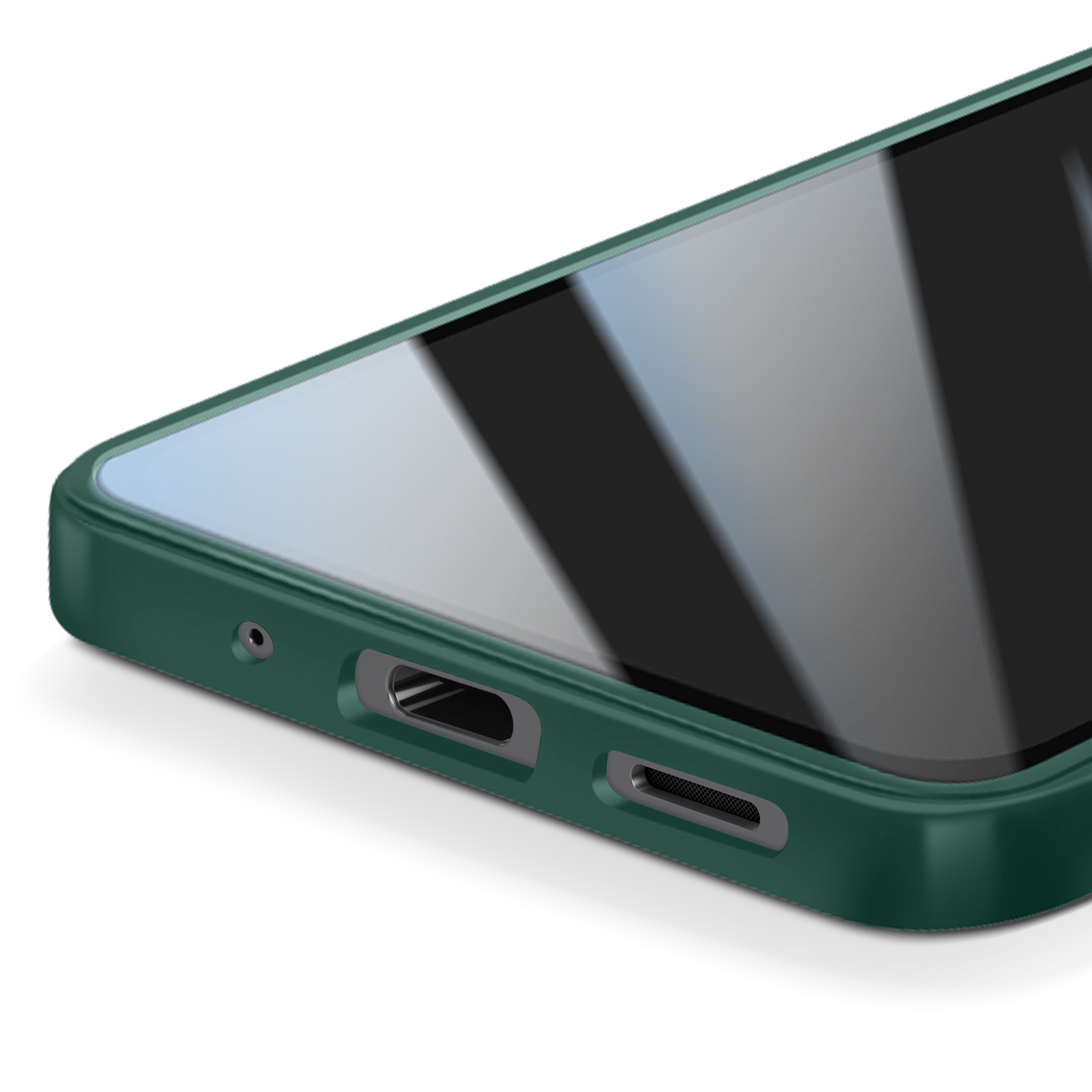 Close-up van een groene telefoonhoes met een glazen scherm. Poorten en een luidspreker zijn zichtbaar. Witte achtergrond.