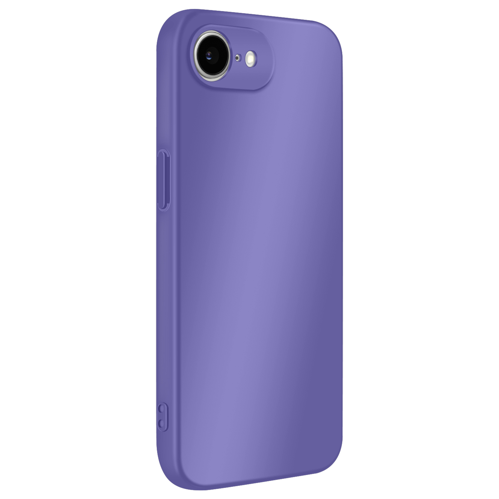 Un étui de téléphone violet avec une découpe pour l'appareil photo et des boutons latéraux est présenté sur fond blanc.