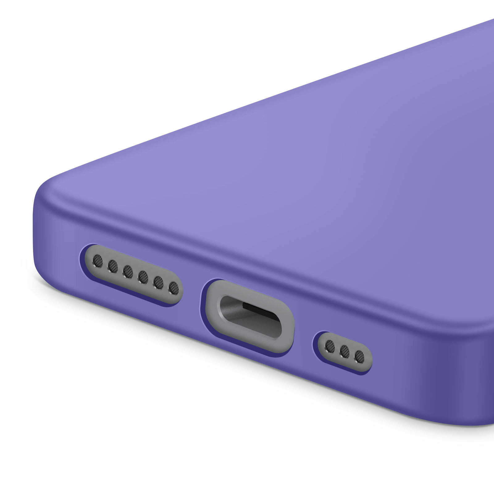 Gros plan sur une coque de téléphone violette. Elle possède un port de charge et des trous pour haut-parleurs. Le fond est blanc.