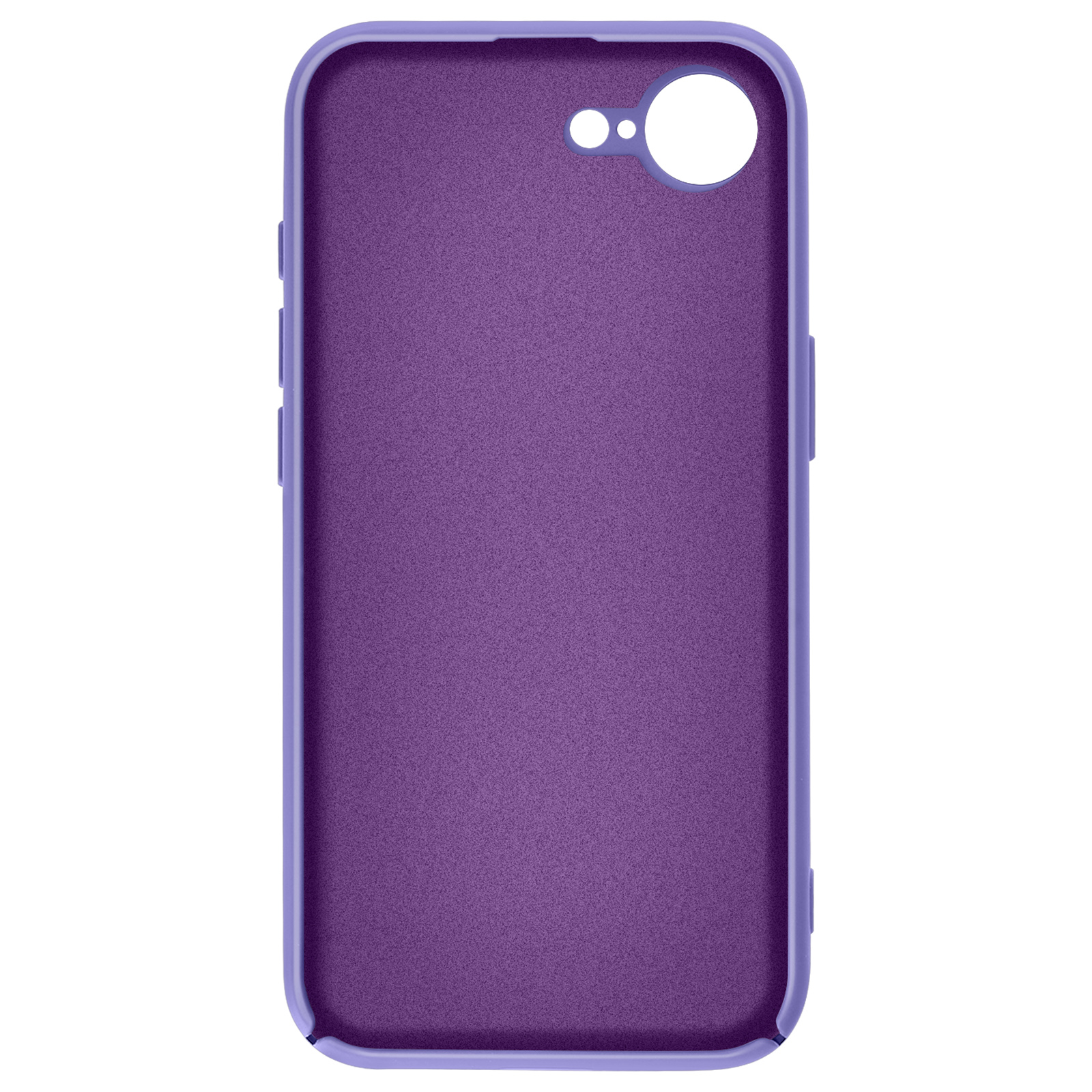 Vue rapprochée d'une coque de téléphone violette avec découpes pour l'appareil photo et les boutons, sur fond blanc.