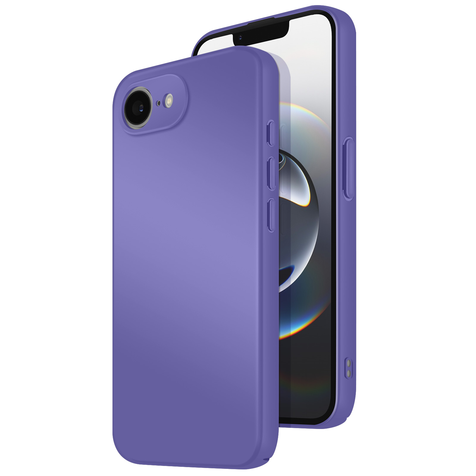 Une coque de téléphone violette avec un téléphone à l'intérieur. L'écran du téléphone est visible. La coque est à côté d'une coque vide similaire.