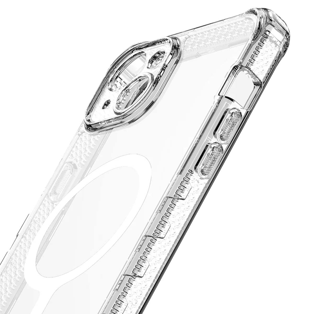 Viene mostrata una custodia trasparente per telefono. La custodia ha un ritaglio per la fotocamera e pulsanti laterali. I dettagli sono visibili.