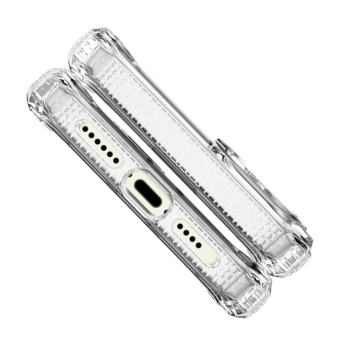 Due custodie trasparenti per telefono sono leggermente angolate, mostrando dettagli interni, tra cui punti neri e una lunga forma ovale nera.