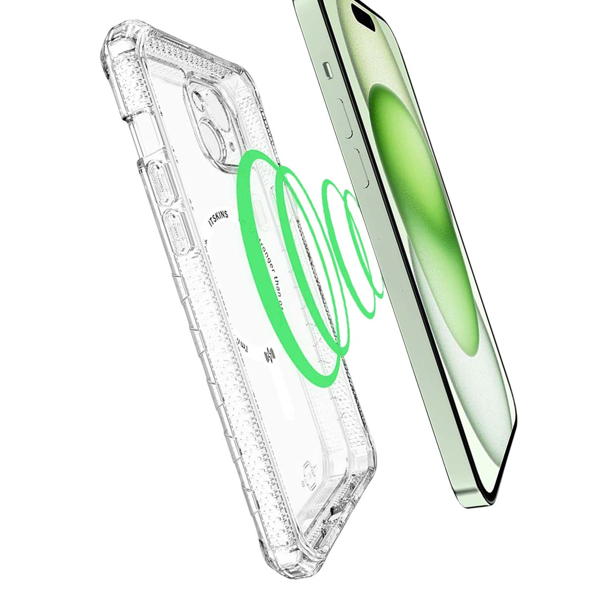 Custodia trasparente per telefono con telefono verde. Anelli magnetici verdi li collegano. Sfondo bianco. Il telefono è verde chiaro.