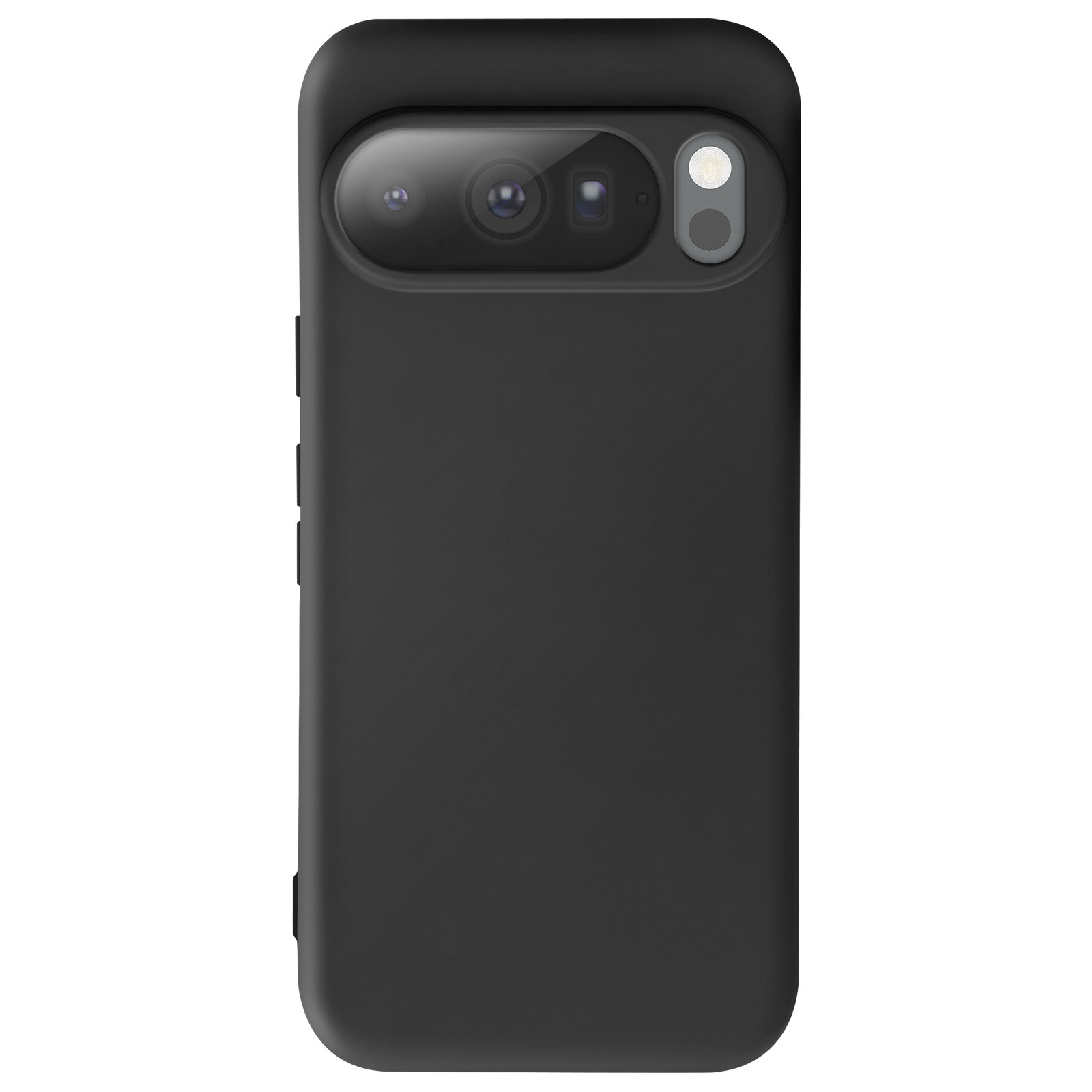 Une coque de téléphone noire avec des objectifs d'appareil photo et un flash. Il y a des boutons sur le côté. Le fond est blanc.