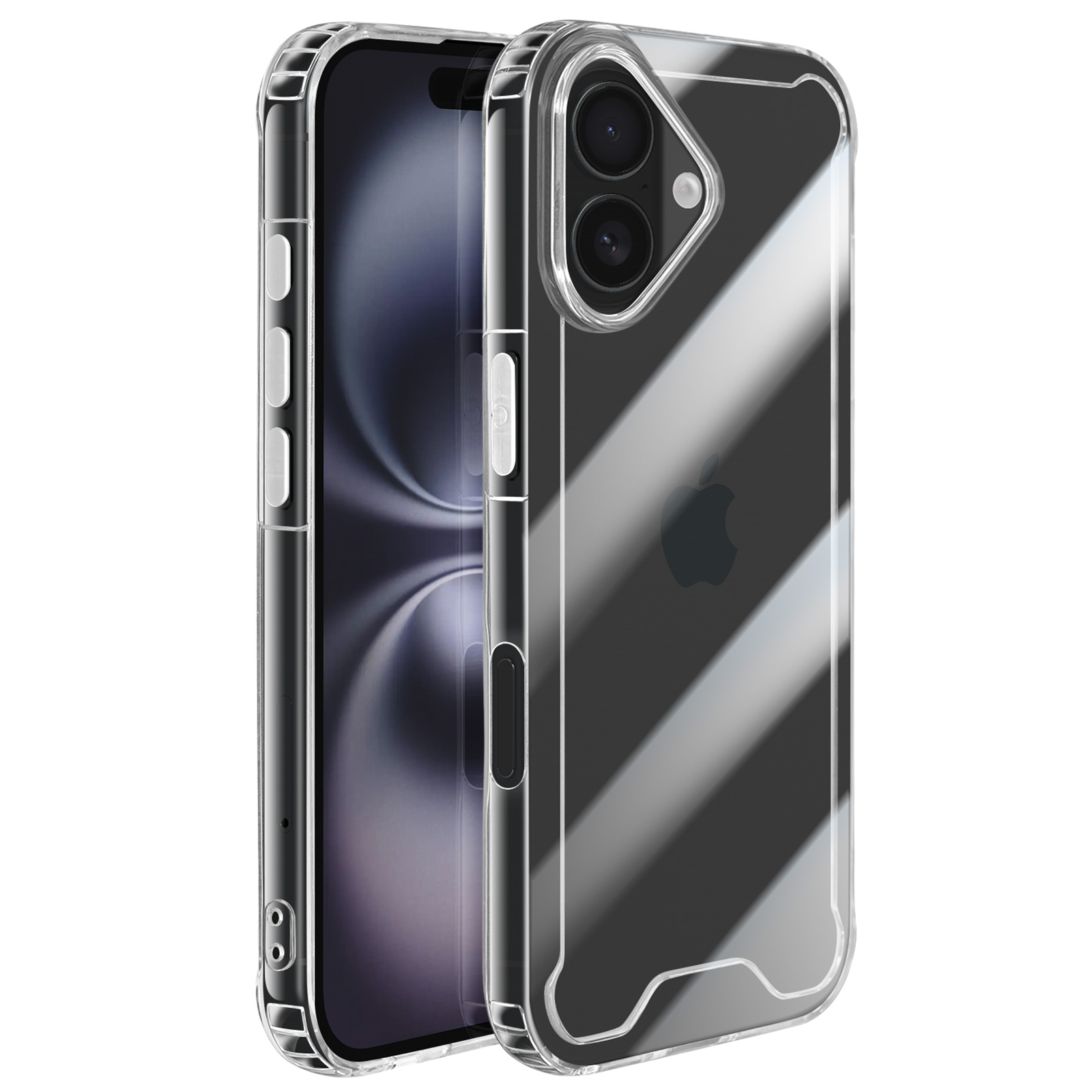 Transparante iPhone-hoes op een telefoon, met de kenmerken van het apparaat. Transparant, met knoppen en camera zichtbaar. Apple-logo.