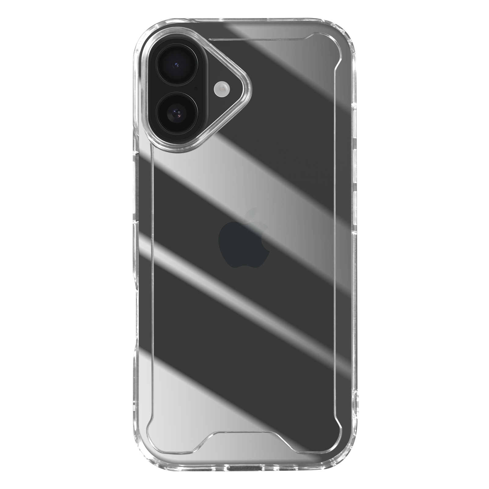 Transparante telefoonhoes met een zwarte achterkant. Bevat twee cameralenzen en een Apple-logo. De hoes is gemaakt van transparant plastic.