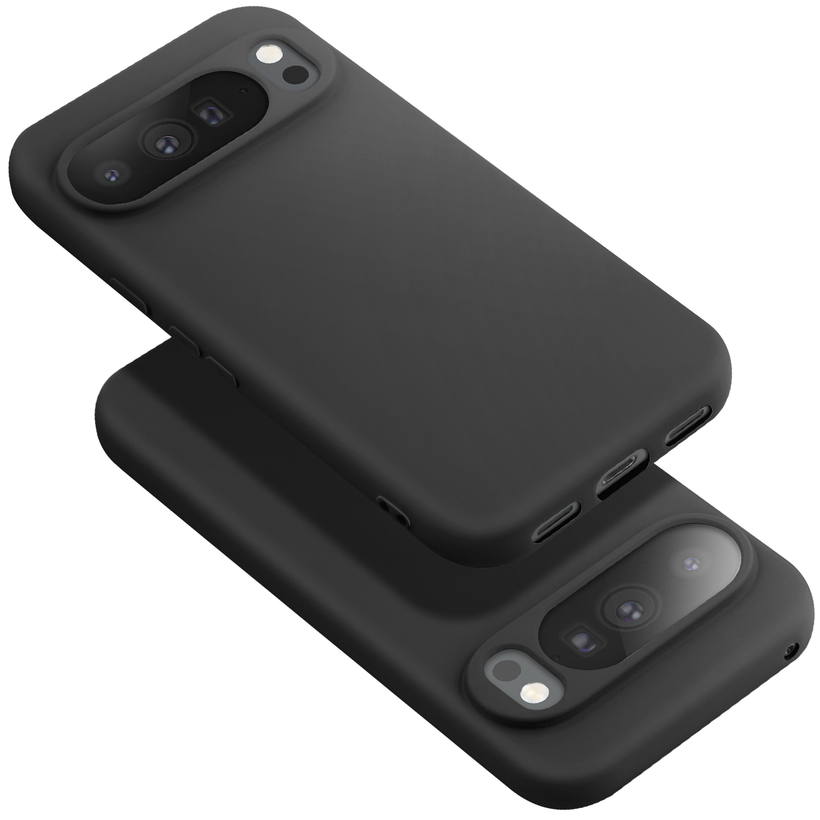 Deux coques de téléphone noires empilées. Chacune a une découpe pour l'appareil photo et des boutons. Les coques sont sur fond blanc.