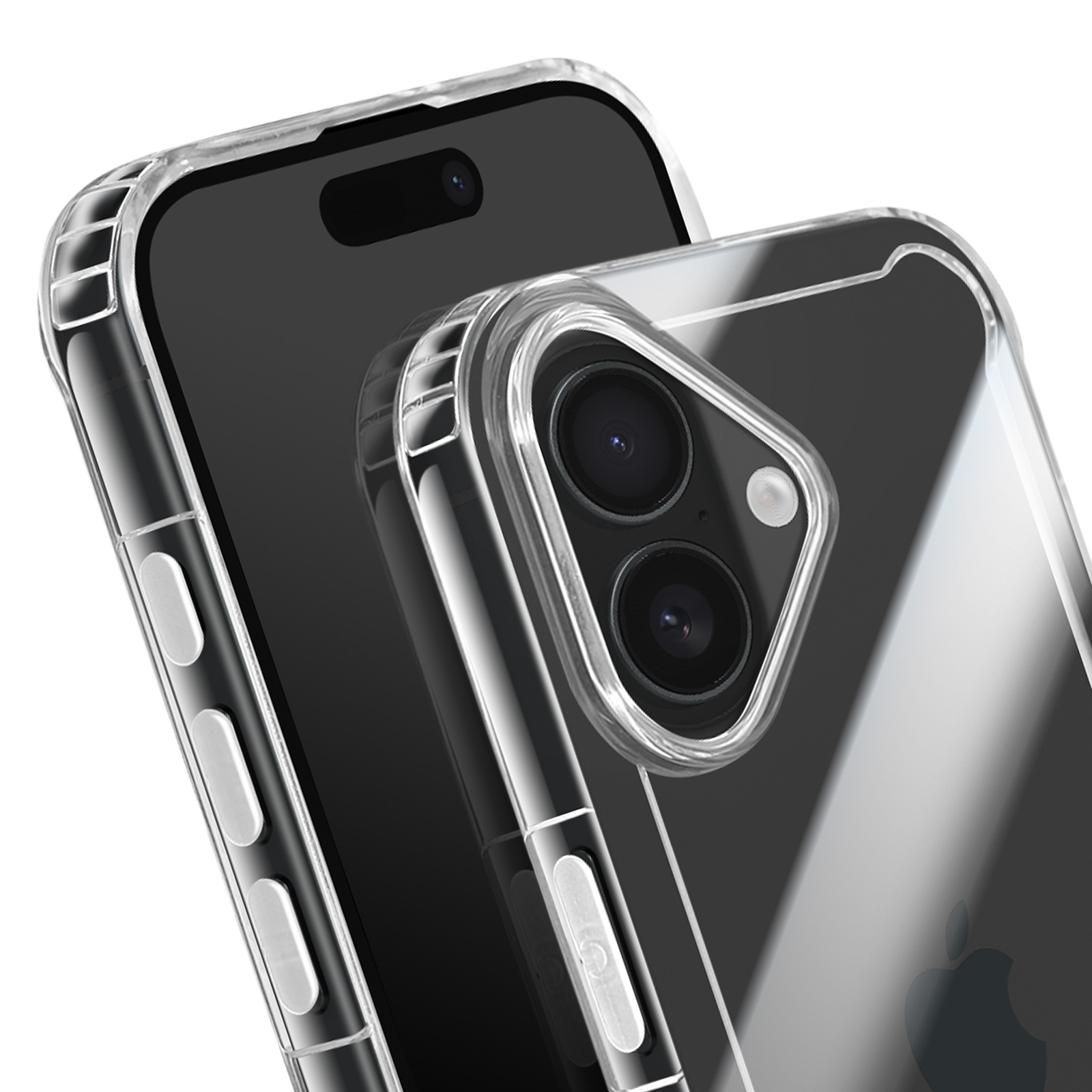 Twee doorzichtige telefoonhoesjes, de ene boven de andere. Beide telefoons zijn zwart. De hoesjes tonen cameralenzen en knoppen.
