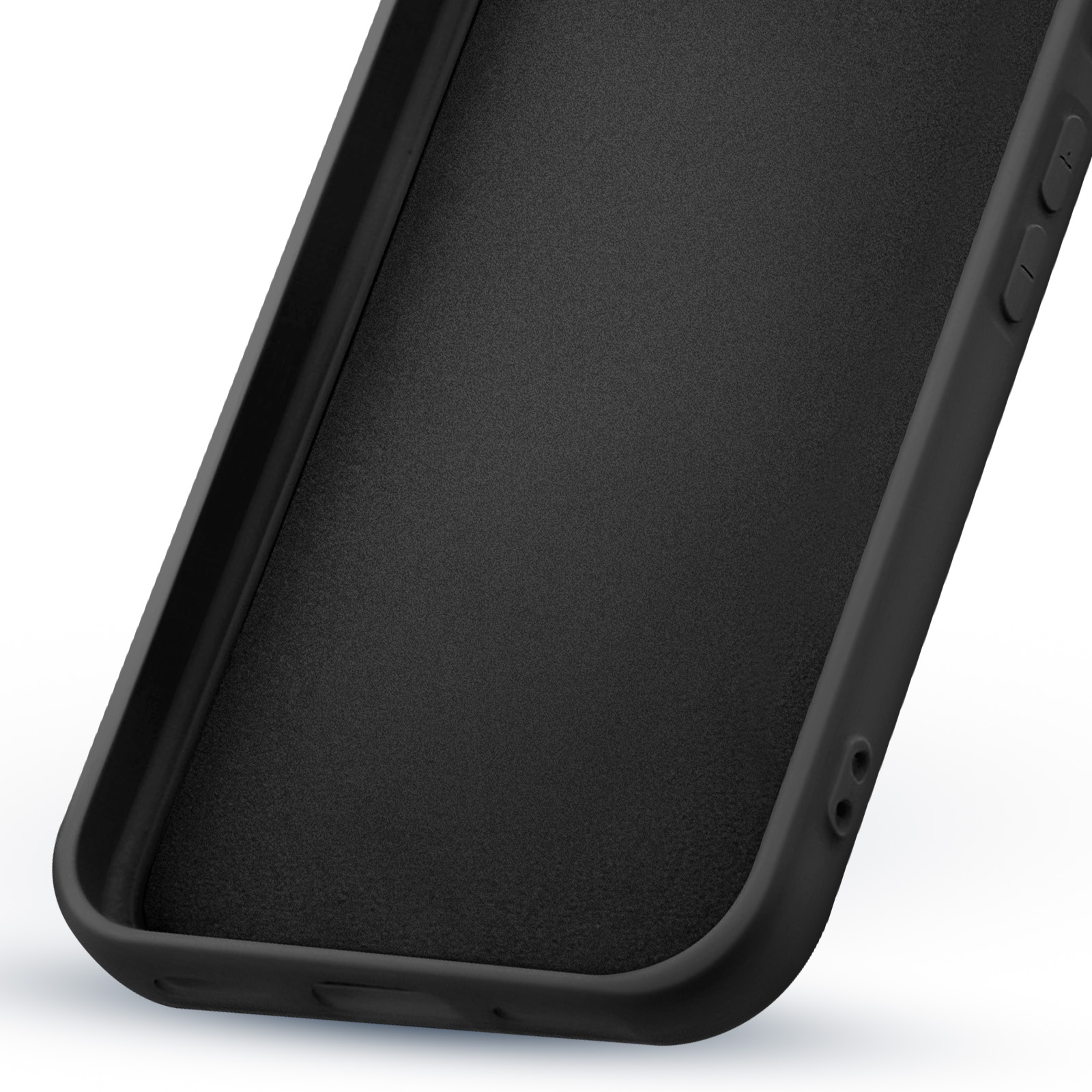 Gros plan sur une coque de téléphone noire. L'intérieur est texturé. Boutons et trous sont visibles.