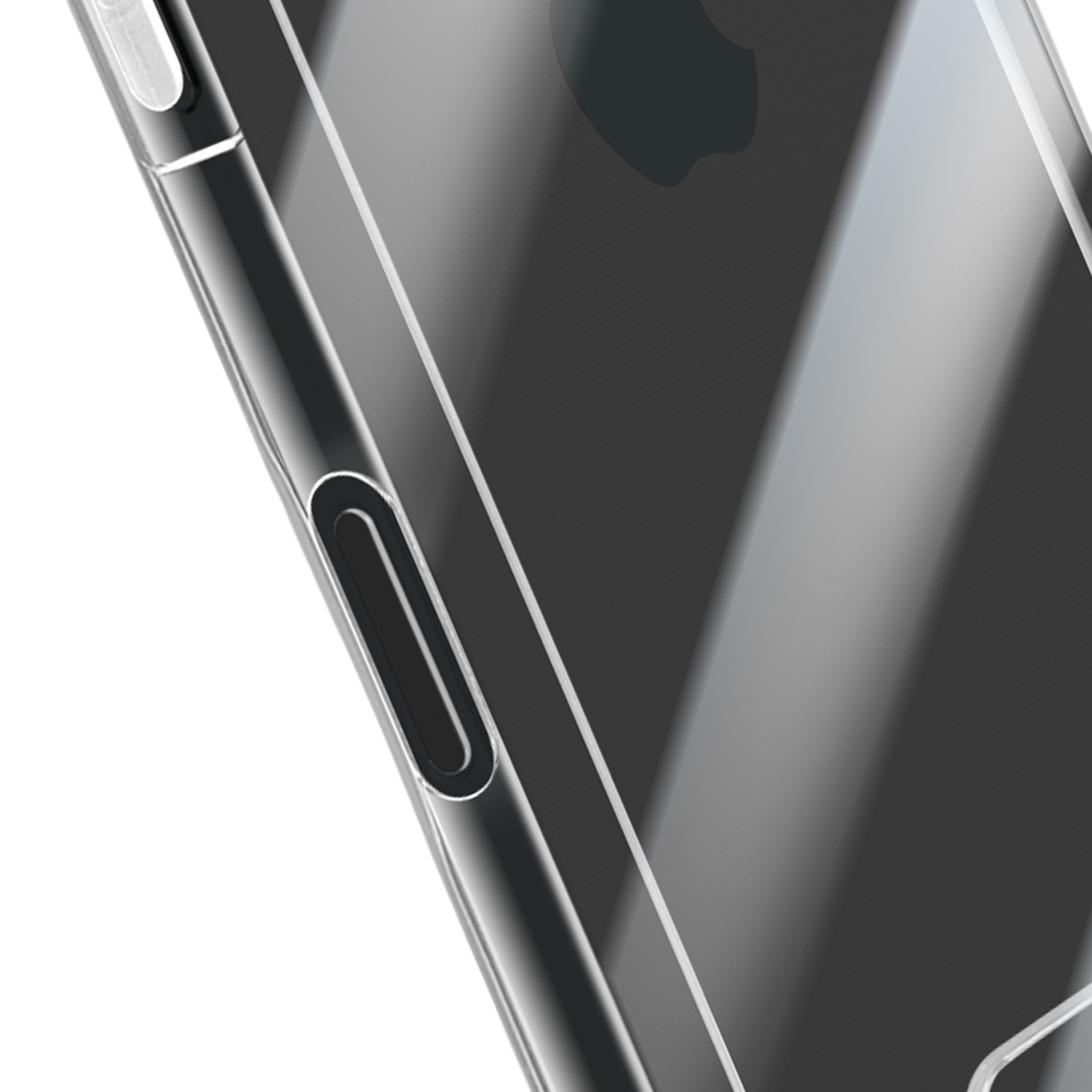 Close-up van een doorzichtige telefoonhoes. De hoes zit op een telefoon, met een donkergrijze achterkant en een zilveren rand.