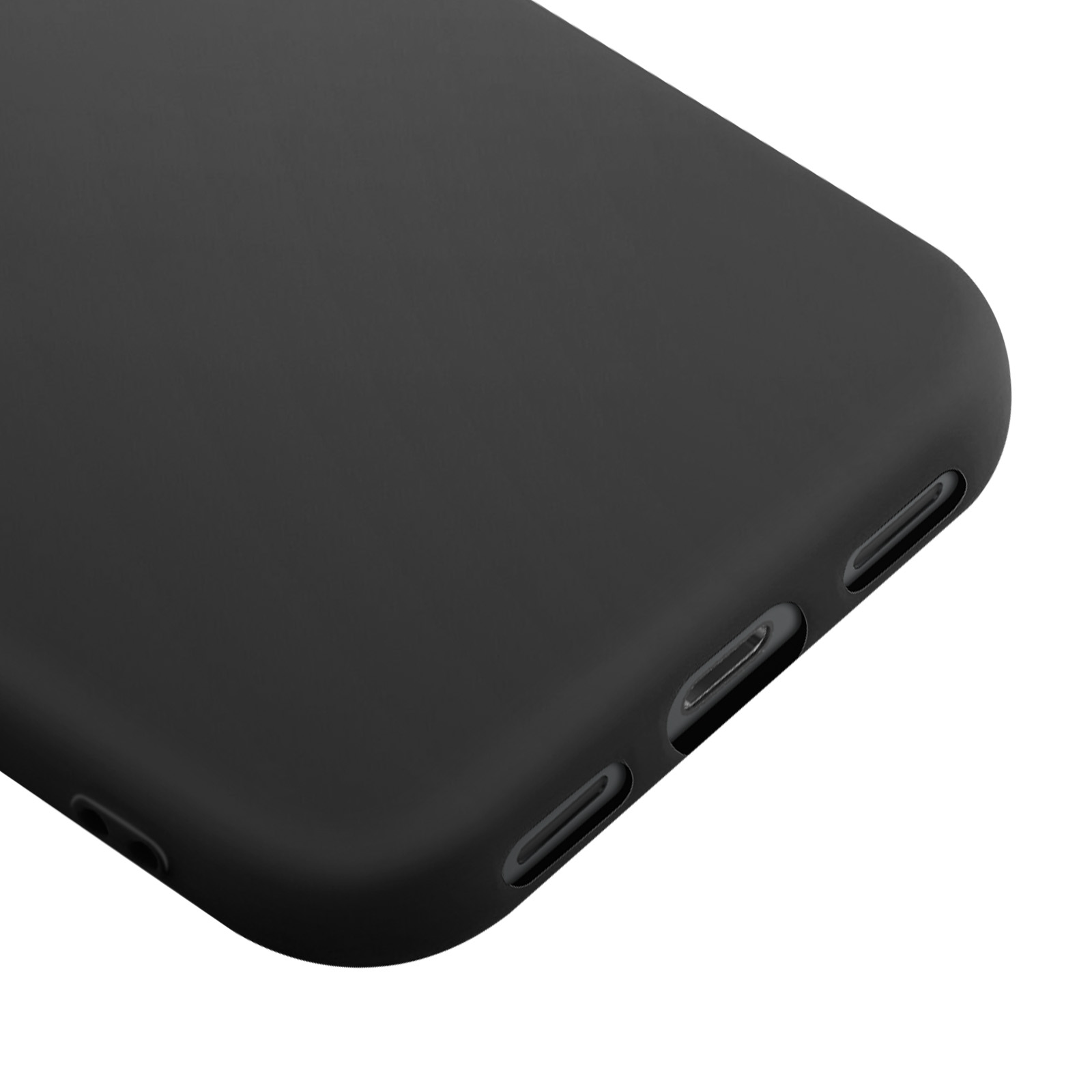 Gros plan sur une coque de téléphone noire aux bords arrondis. Plusieurs ouvertures sont visibles sur le côté, sur fond blanc.