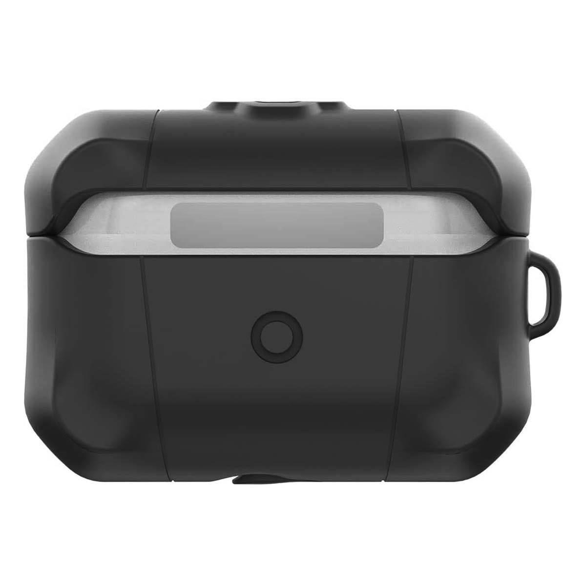 Una funda protectora negra para auriculares. Tiene un acento plateado, un botón redondo y un asa pequeña. La funda está sobre un fondo blanco.