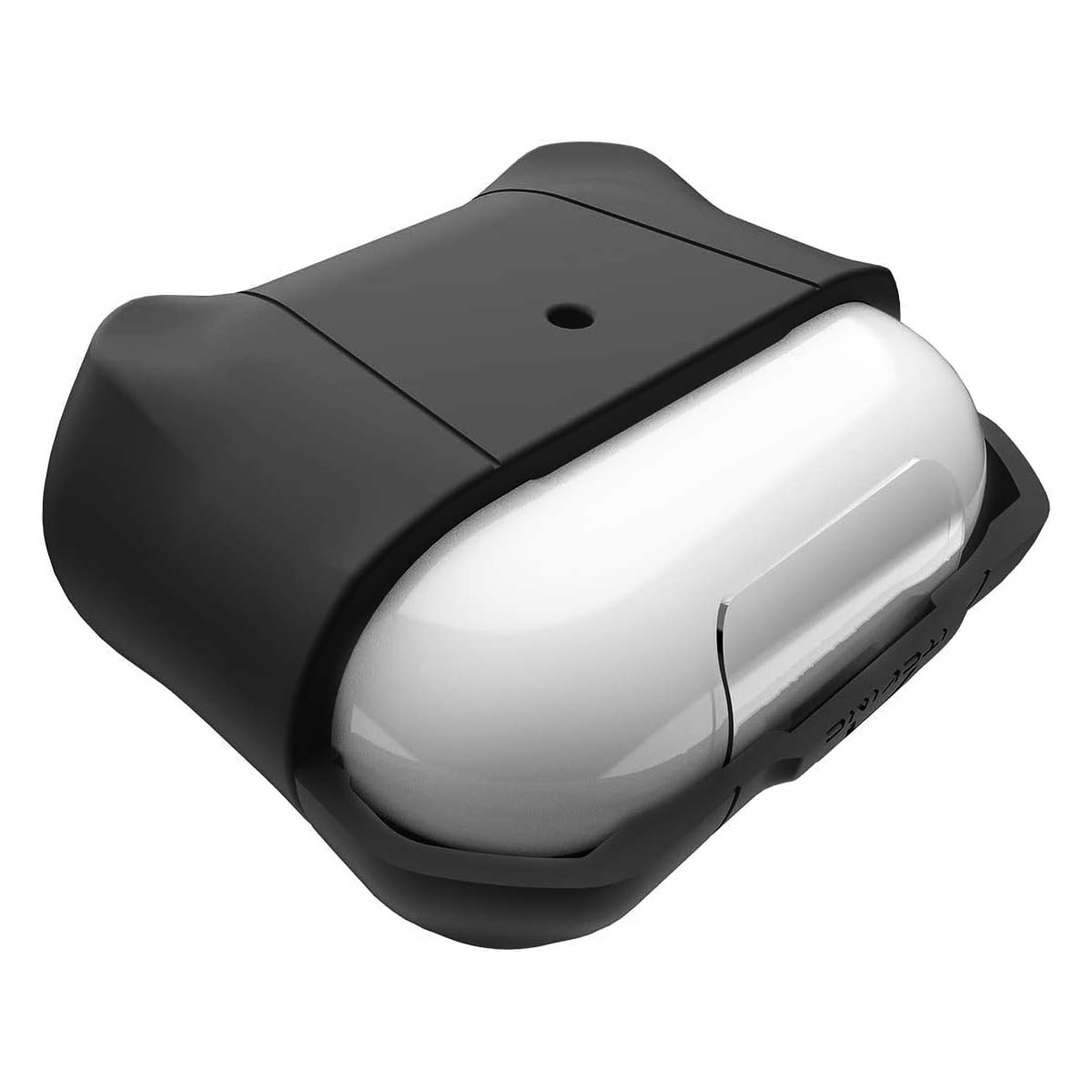 Una funda protectora negra sujeta un dispositivo blanco y redondeado. La funda tiene una tapa con un pequeño agujero y texto en el borde.