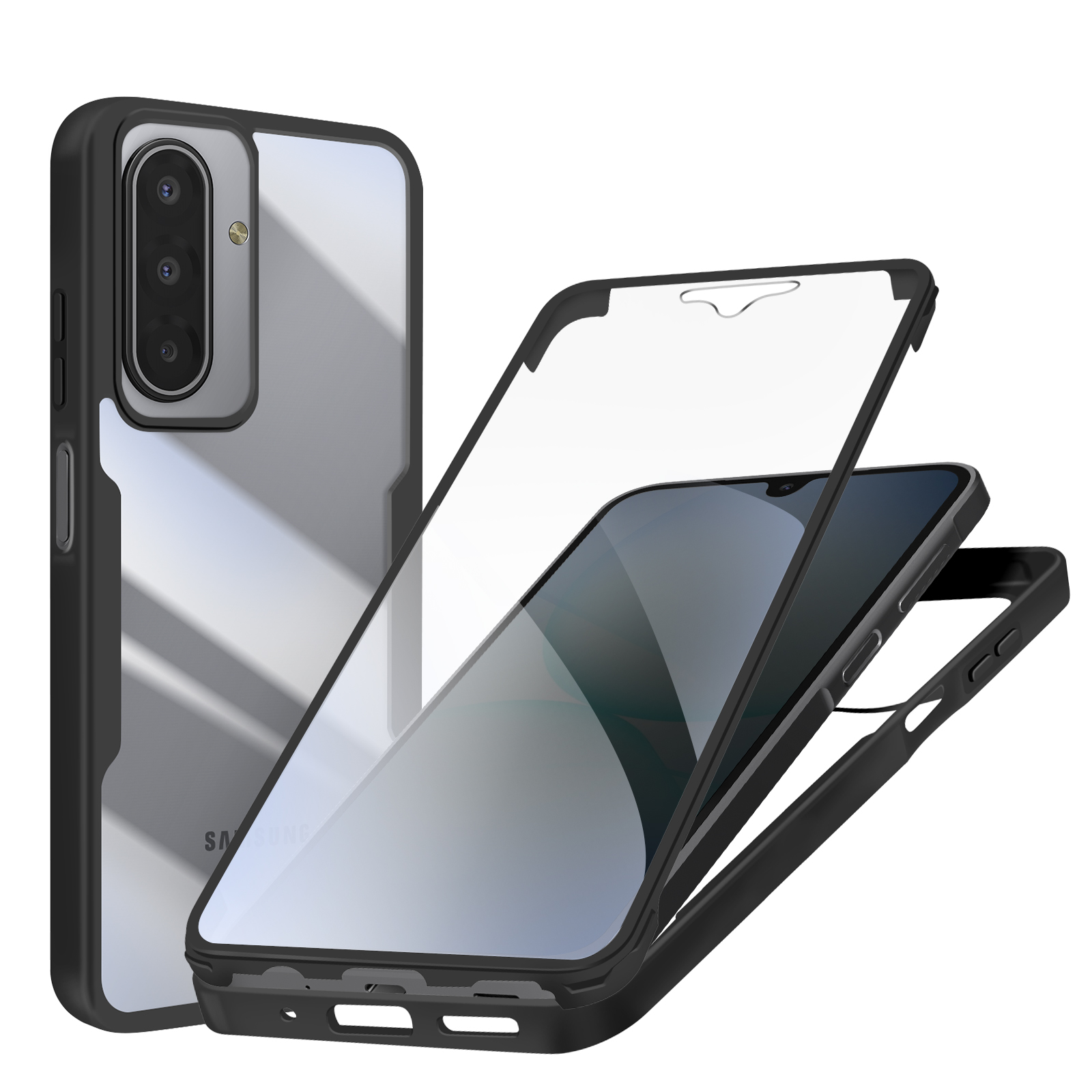 Een zwarte telefoonhoes met een doorzichtige achterkant en een schermbeschermer. De telefoon zit in de hoes.