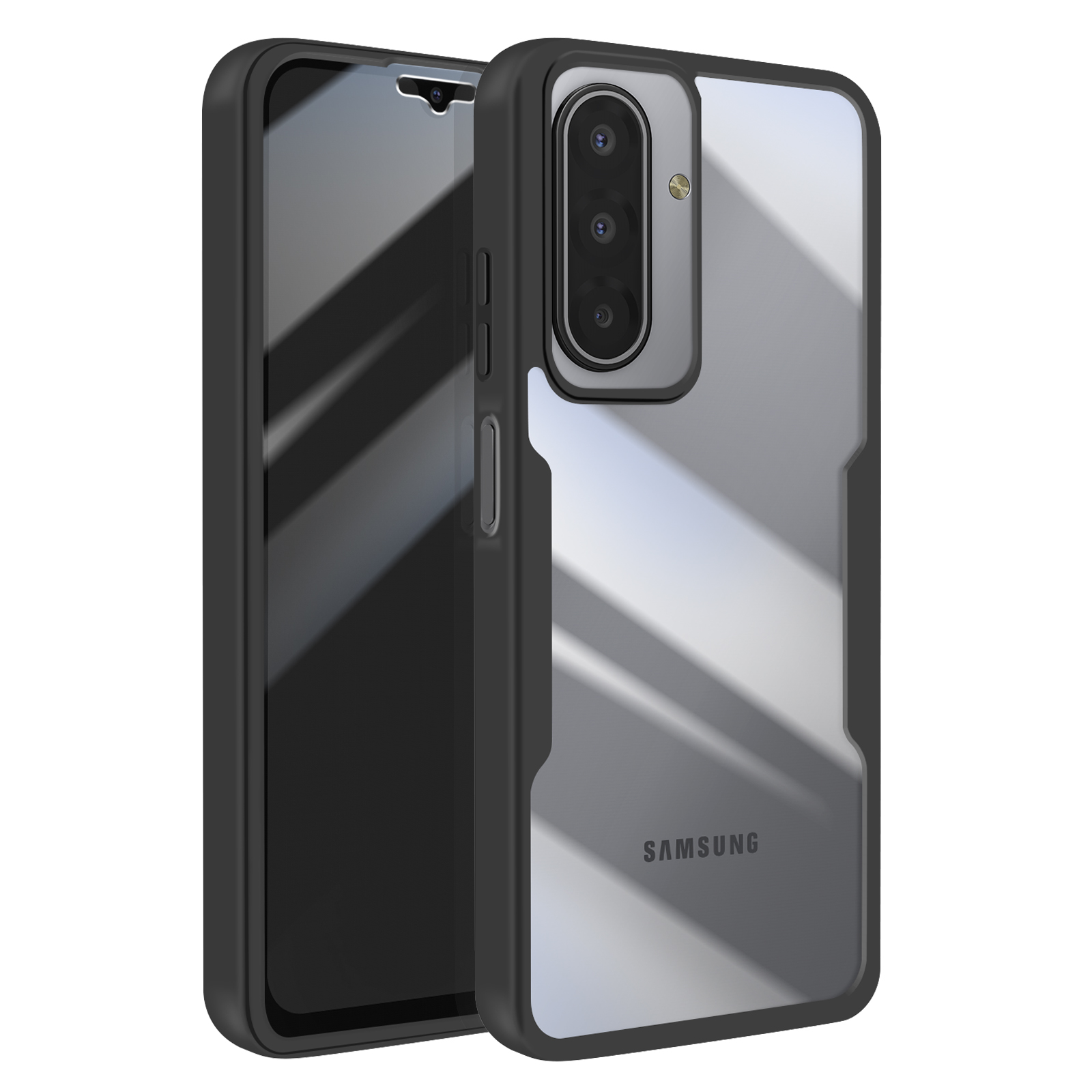 Een Samsung telefoon in een zwarte hoes. De telefoon heeft een schermbeschermer en meerdere camera's.