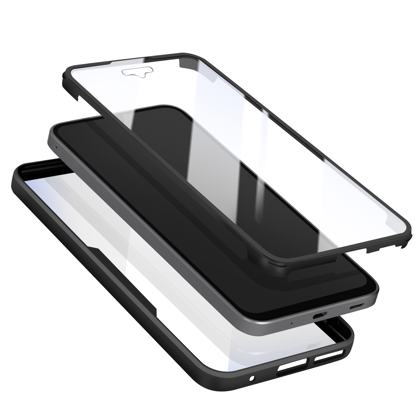Een geëxplodeerde weergave van een telefoonhoesje. Drie lagen: schermbeschermer, telefoon en hoesje. Zwart frame, helder scherm, zwarte telefoon.