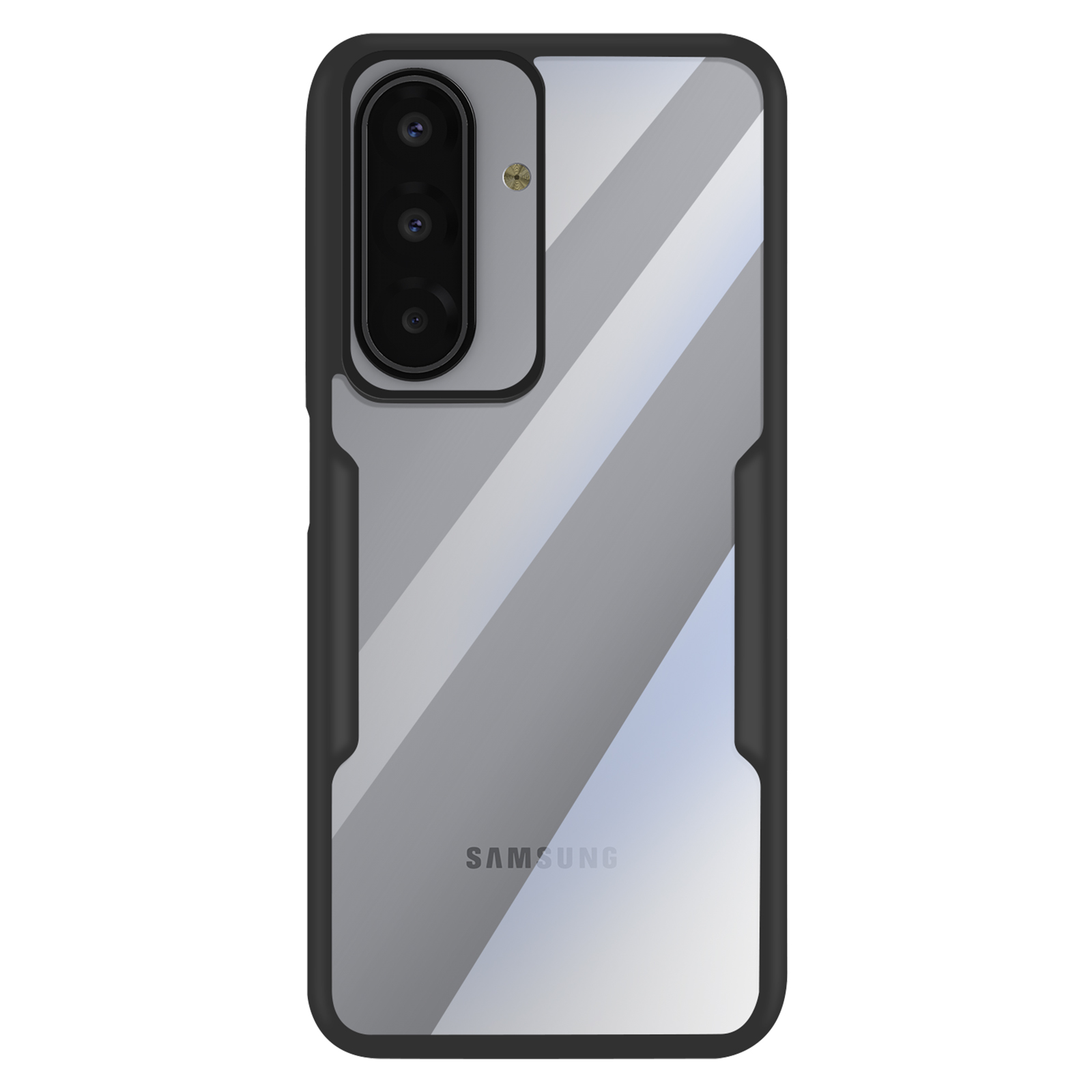 Een telefoonhoesje met een doorzichtige achterkant en zwart frame. Het heeft een uitsparing voor de camera en het Samsung-logo.