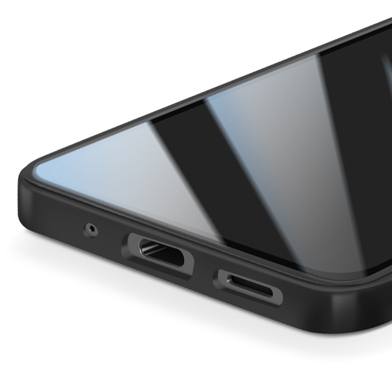 Close-up van een zwarte telefoon met reflecterend scherm. Met poort, luidspreker en camerahole aan de onderrand.