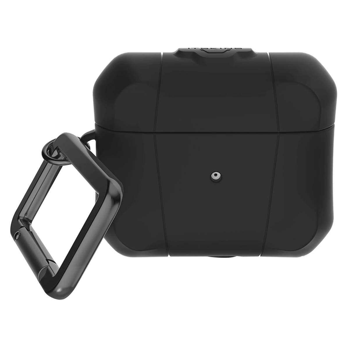 Funda negra para AirPods con clip de mosquetón, botón circular pequeño y diseño rectangular. El fondo es blanco.