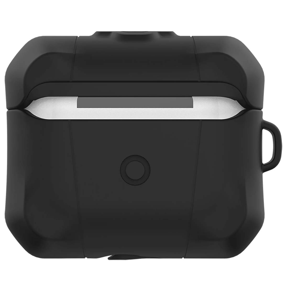 Una funda protectora negra para auriculares. Tiene un botón redondo y un asa pequeña. La parte superior está abierta.