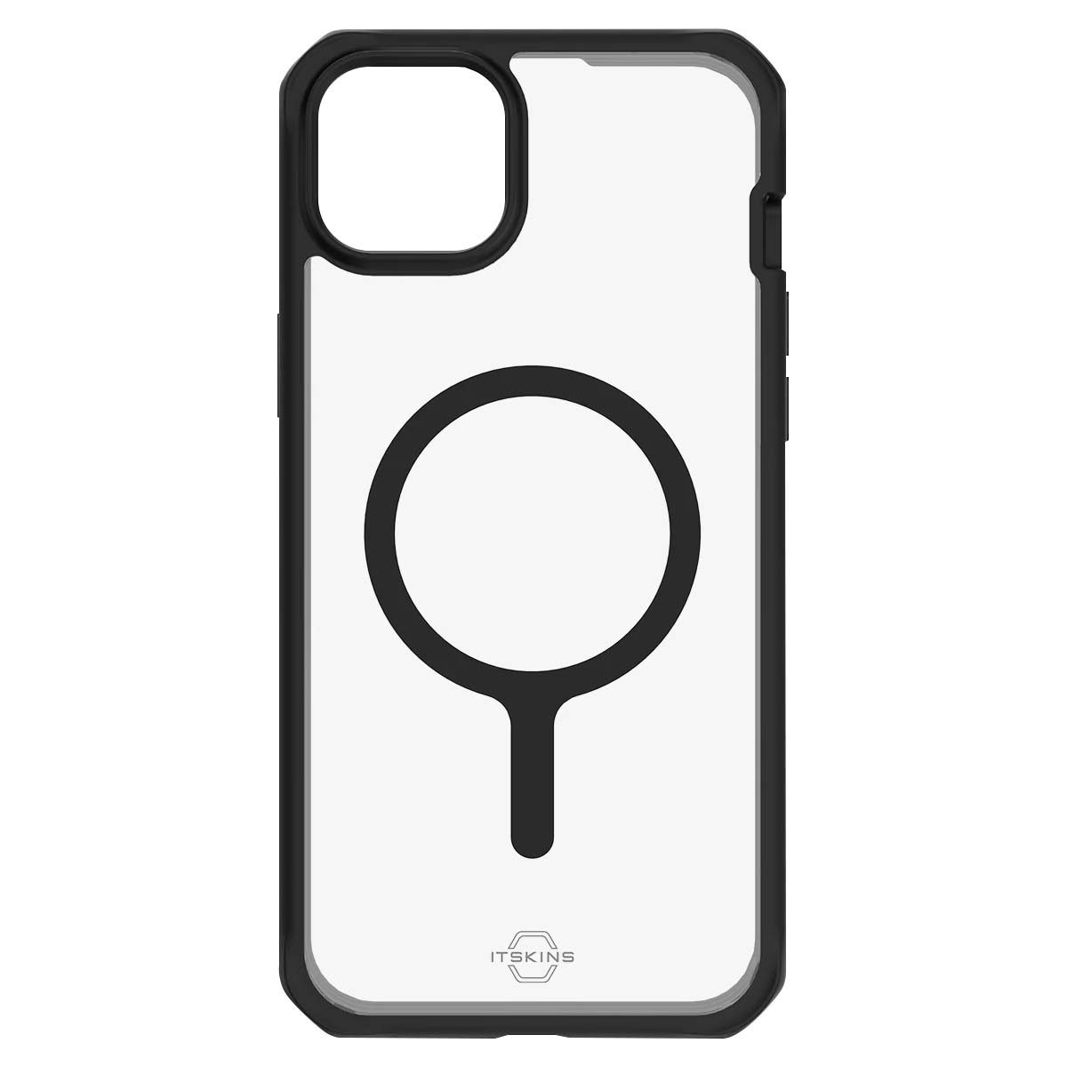 Custodia trasparente per telefono con cornice nera e design MagSafe circolare nero. Il marchio ITSKINS è in basso.