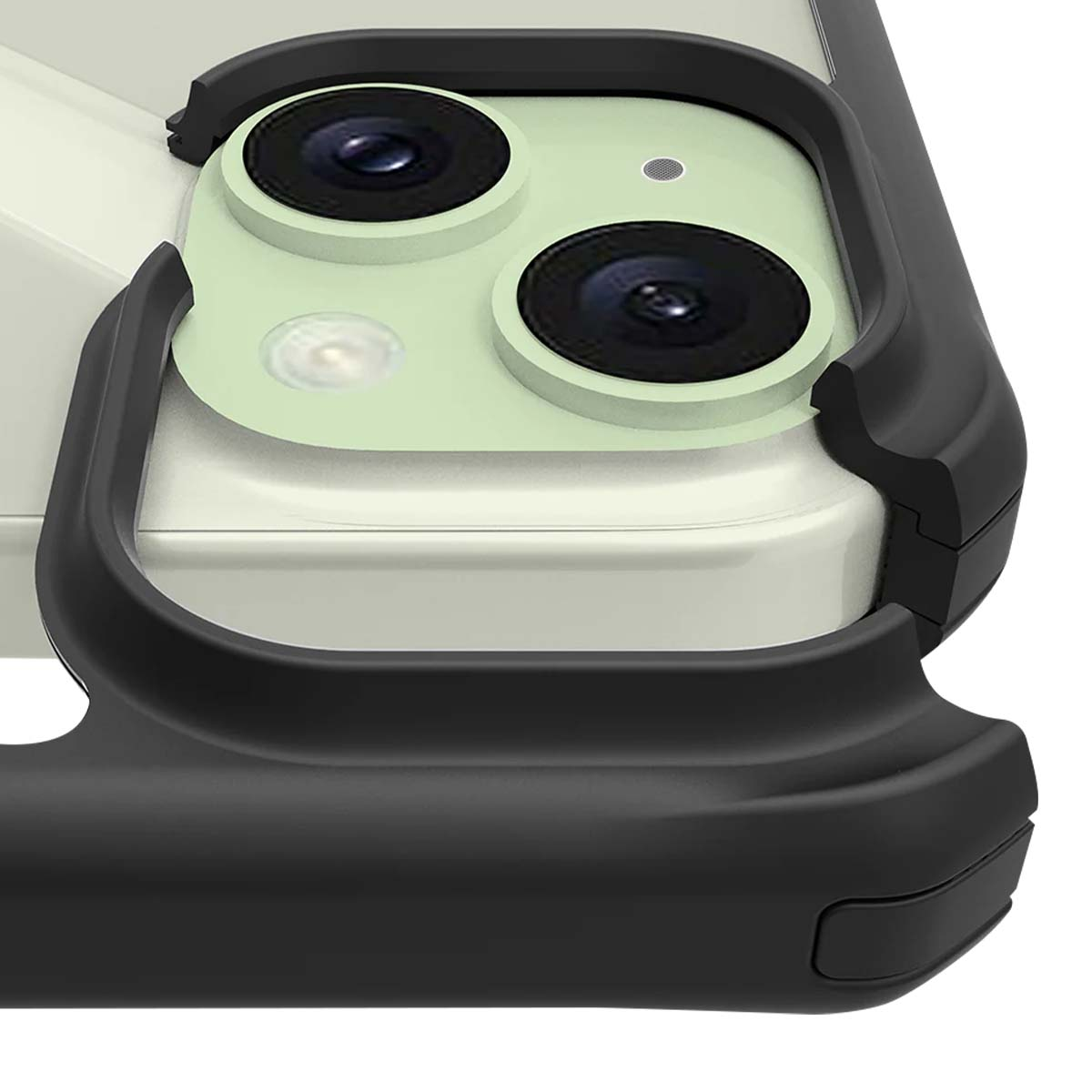 Primo piano di un telefono con custodia protettiva nera. Le lenti della fotocamera sono visibili, con sfondo verde chiaro.