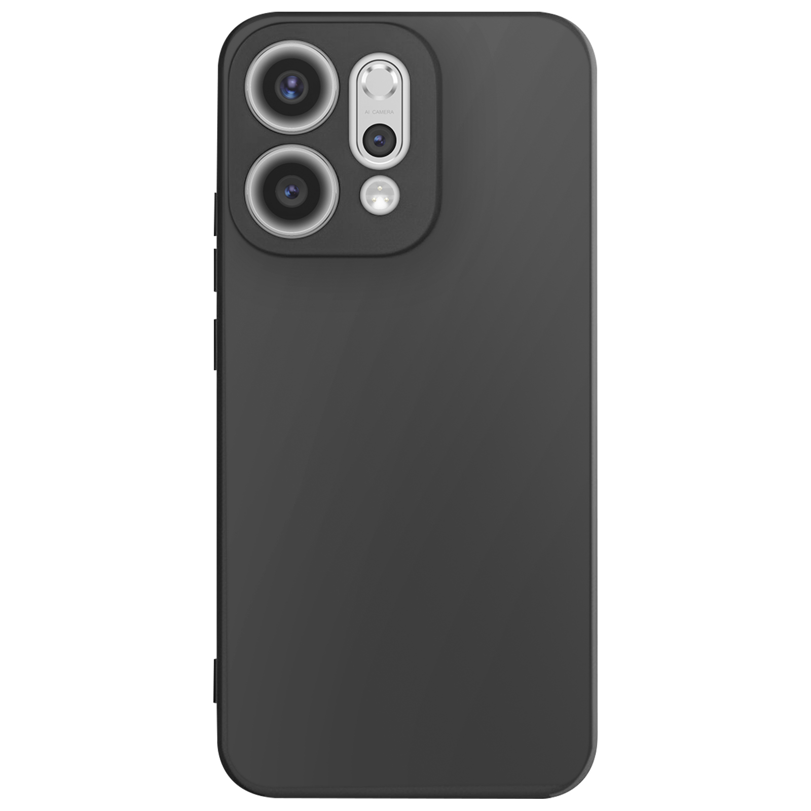Zwarte smartphonehoes met drie cameralenzen en een flitser. De hoes heeft een matte afwerking.