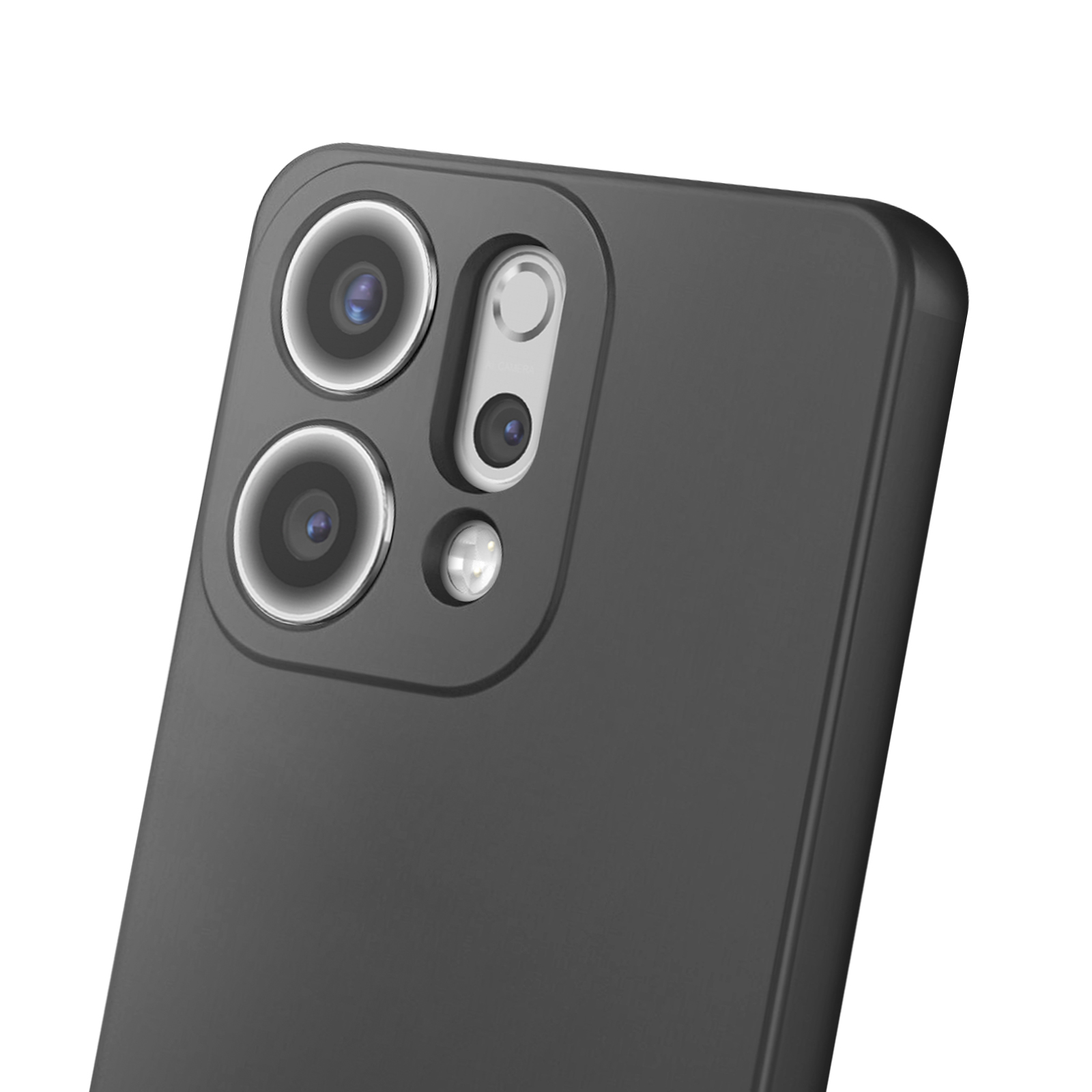 Close-up van een donkergrijze smartphone achterkant met cameralenzen en flitser tegen een witte achtergrond.