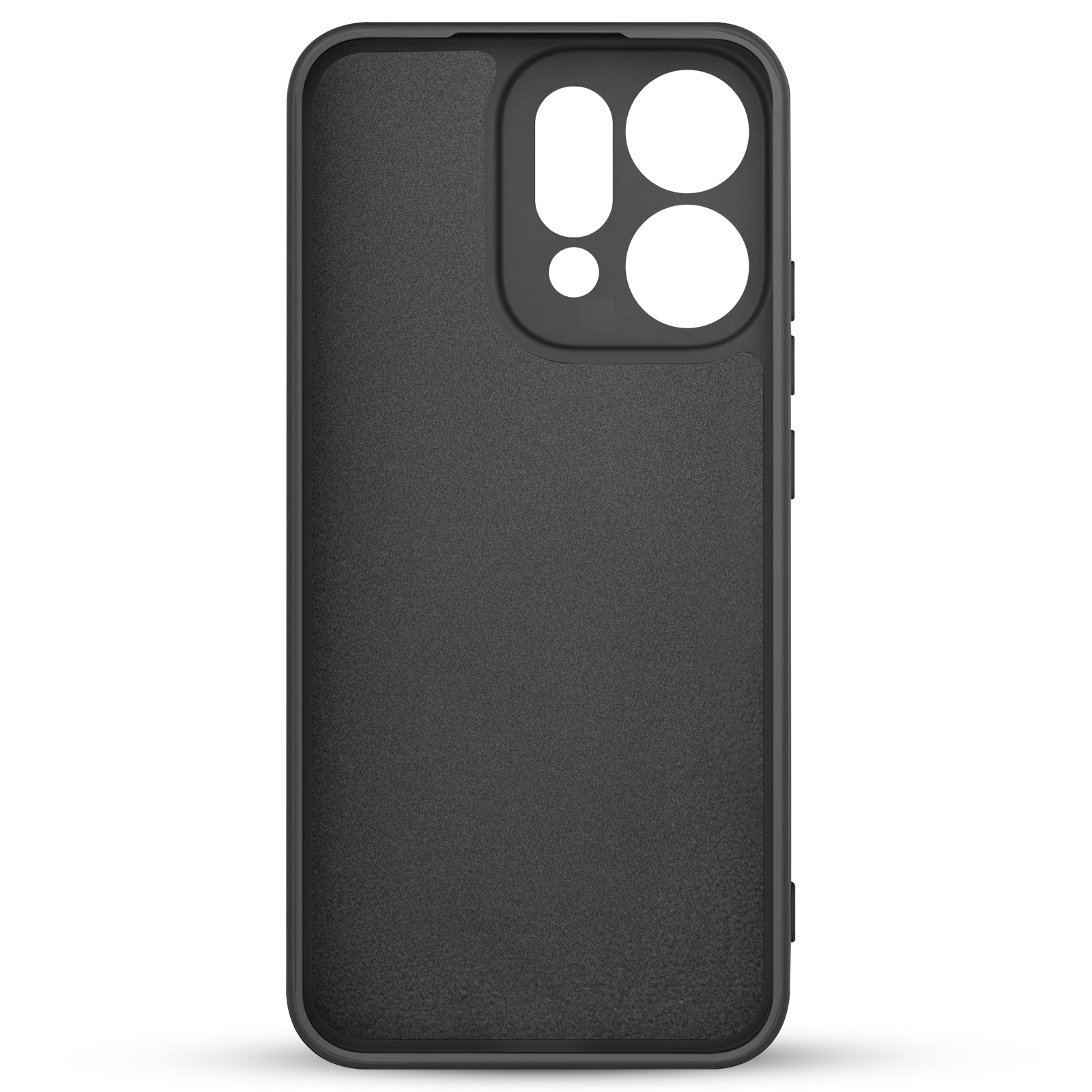 Een zwarte telefoonhoes met uitsparingen voor de camera, flitser en knoppen. Het heeft een textuur en een witte achtergrond.