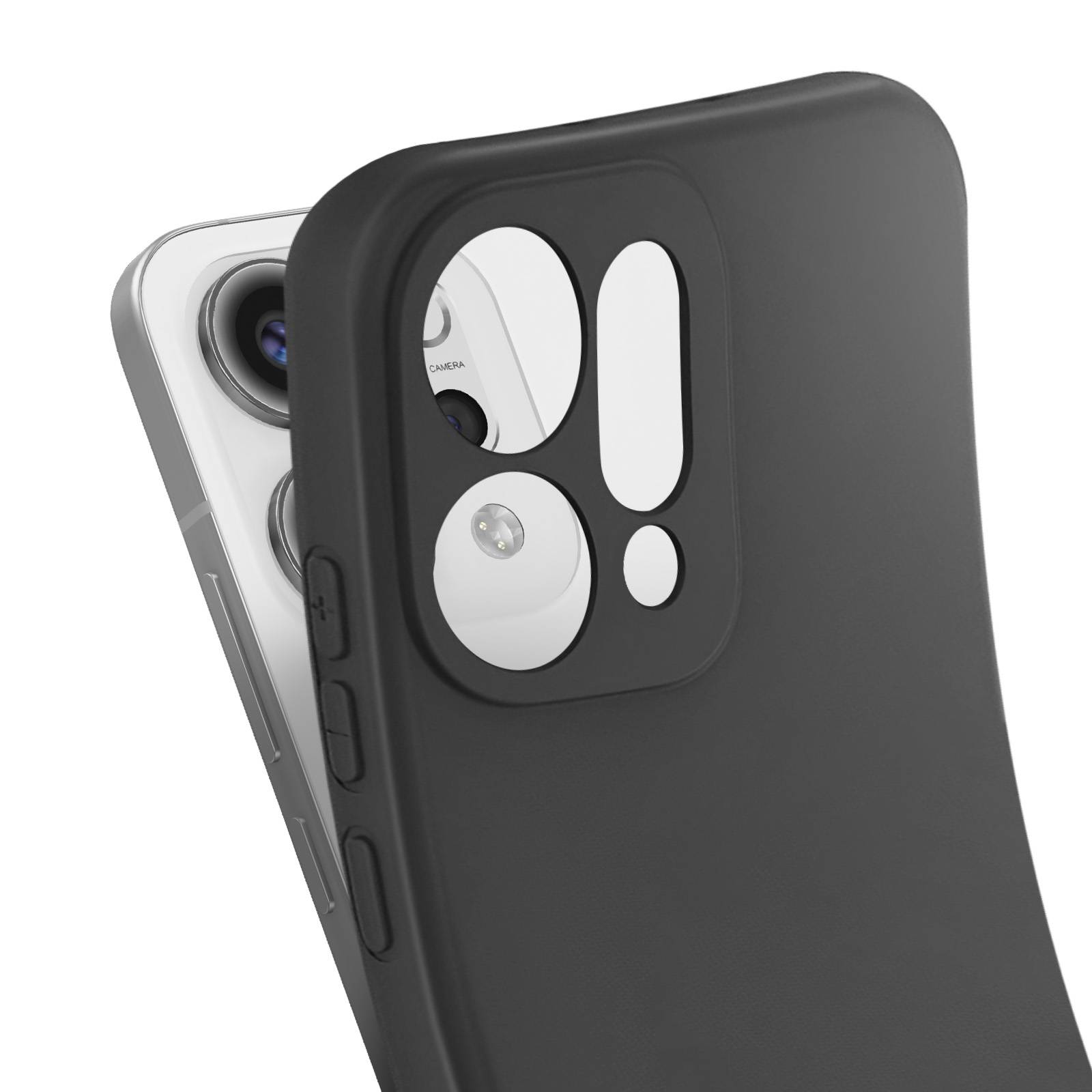 Zwarte telefoonhoes op een zilveren telefoon. De hoes heeft camera-uitsparingen. De telefoon is schuin.