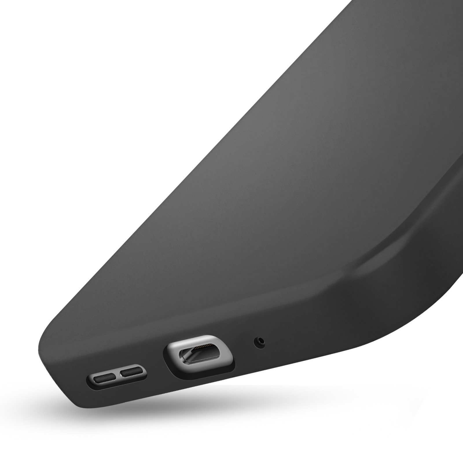 Close-up van een zwarte telefoonhoes. Poorten, een cameragat en de afgeronde rand zijn zichtbaar tegen een witte achtergrond.