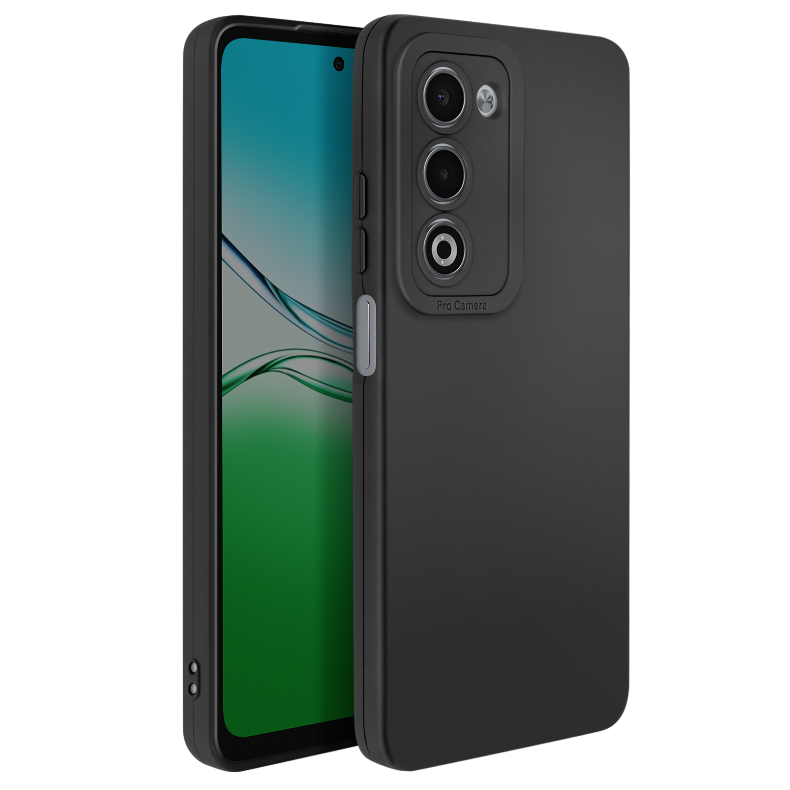 Una custodia nera per telefono con un telefono all'interno. La custodia ha un rilievo per la fotocamera e un pulsante di accensione.