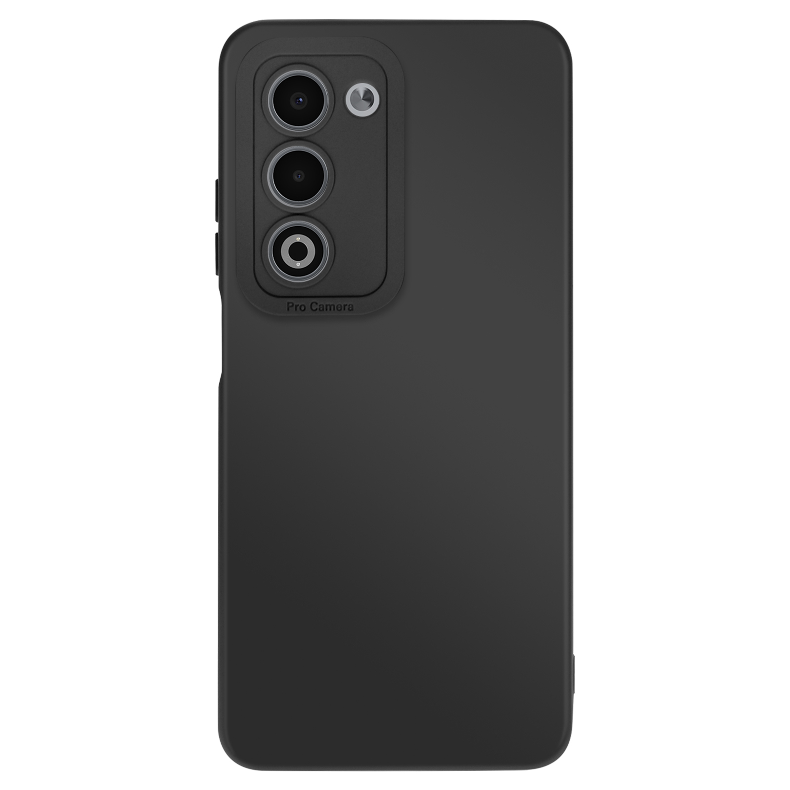 Una custodia nera per telefono con tre obiettivi e un flash. Le parole 'Pro Camera' sono visibili. Lo sfondo è bianco.