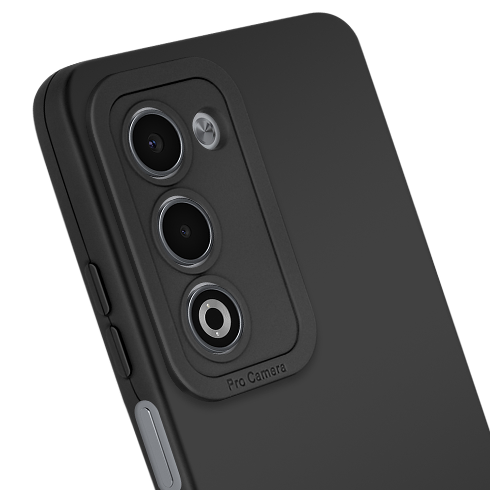 Primo piano di una custodia per telefono nera. Presenta un'area fotocamera con tre lenti e un pulsante argentato.