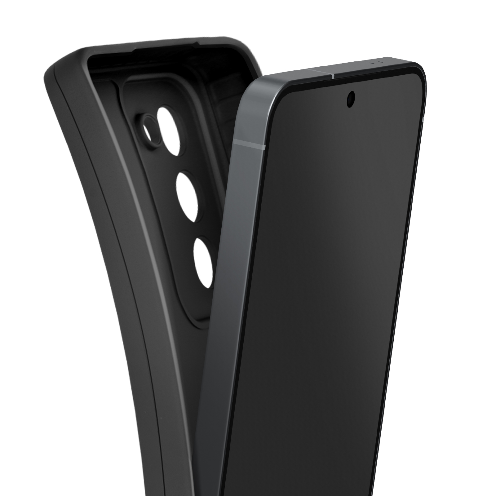 Un telefono nero in una custodia grigio scuro. La custodia ha aperture per le lenti della fotocamera del telefono. Lo schermo è nero.