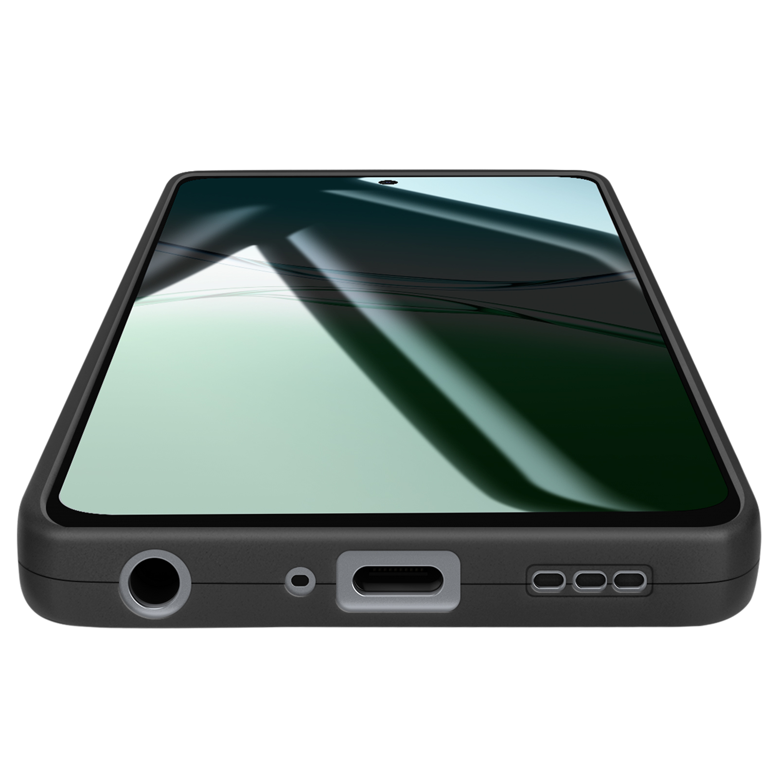 Una custodia nera per smartphone con schermo che mostra un riflesso verde, porte visibili in basso.