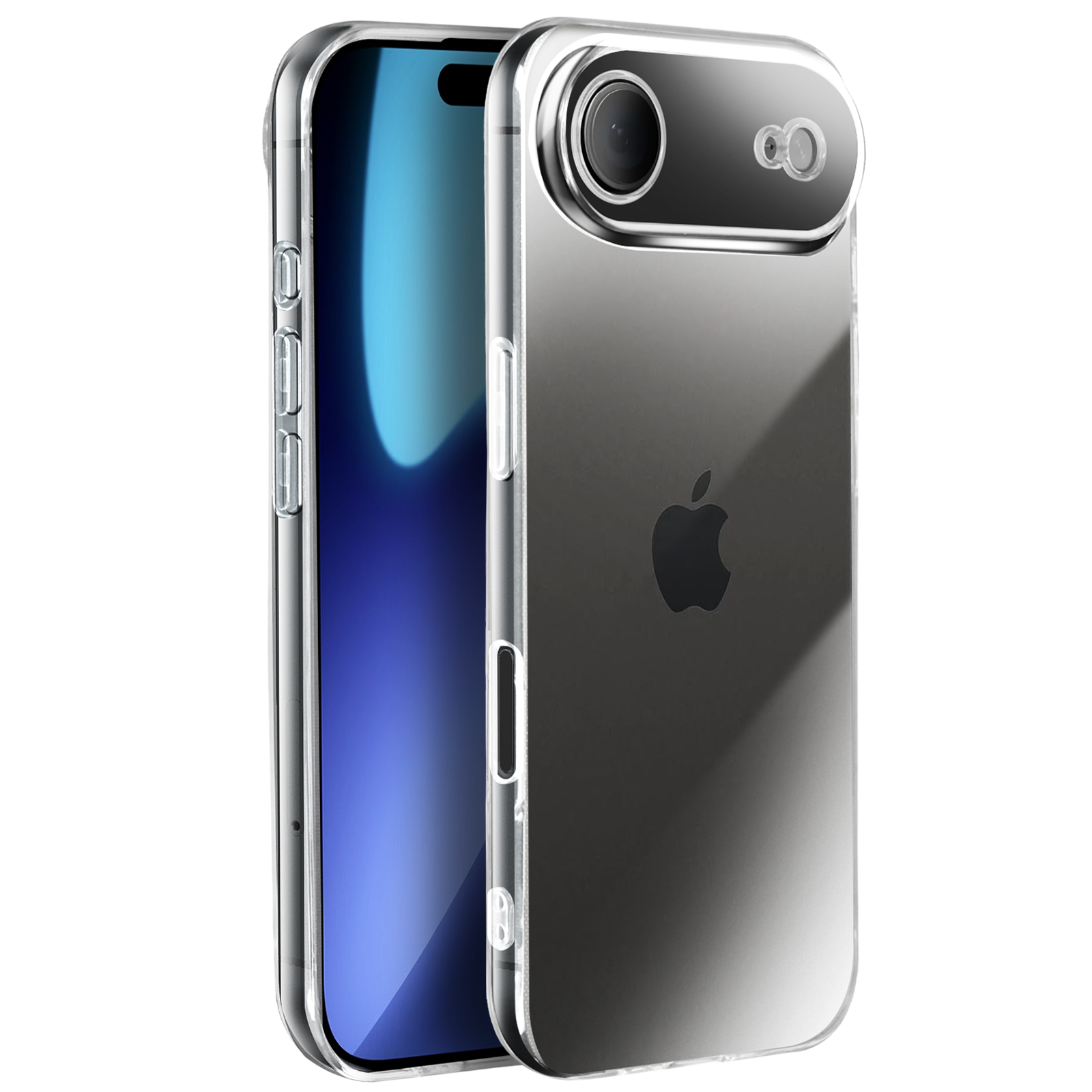 Une coque de téléphone transparente sur un iPhone. Le logo Apple est visible. L'objectif de l'appareil photo est protégé.
