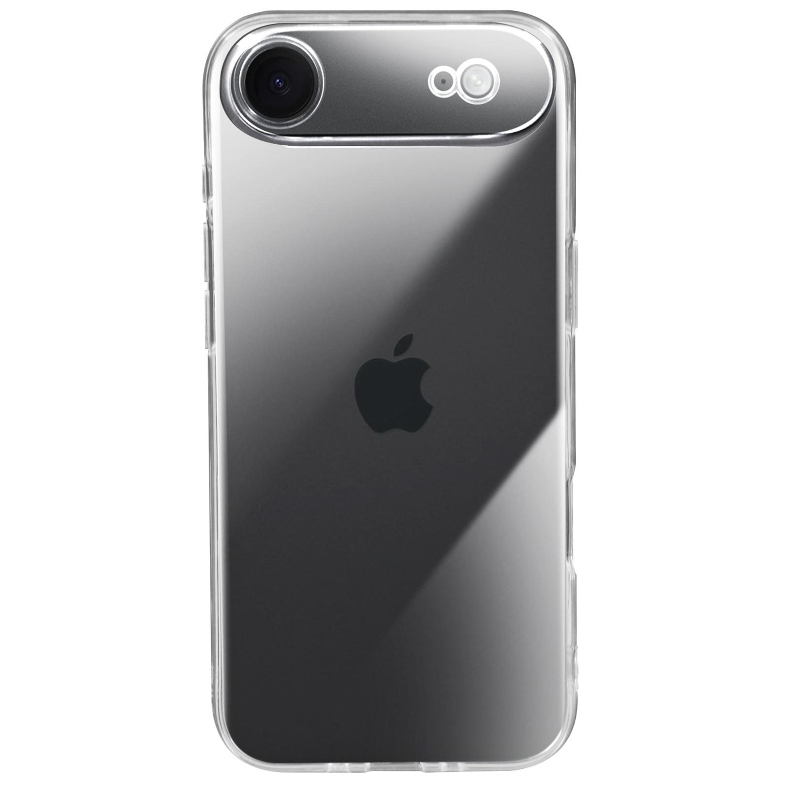 Une coque de téléphone transparente sur un téléphone. Logo Apple visible. Deux objectifs en haut. Design transparent.