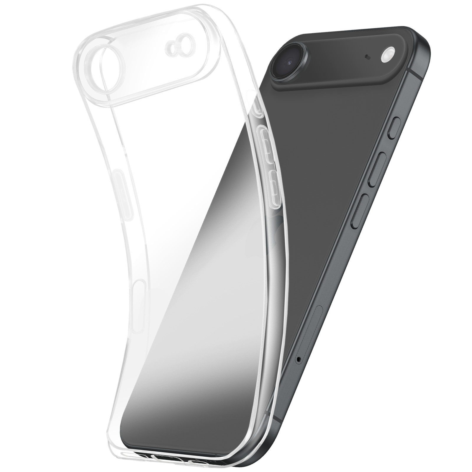 Un étui de téléphone transparent sur un smartphone gris foncé. L'étui est partiellement ouvert, montrant les détails du téléphone et la caméra.