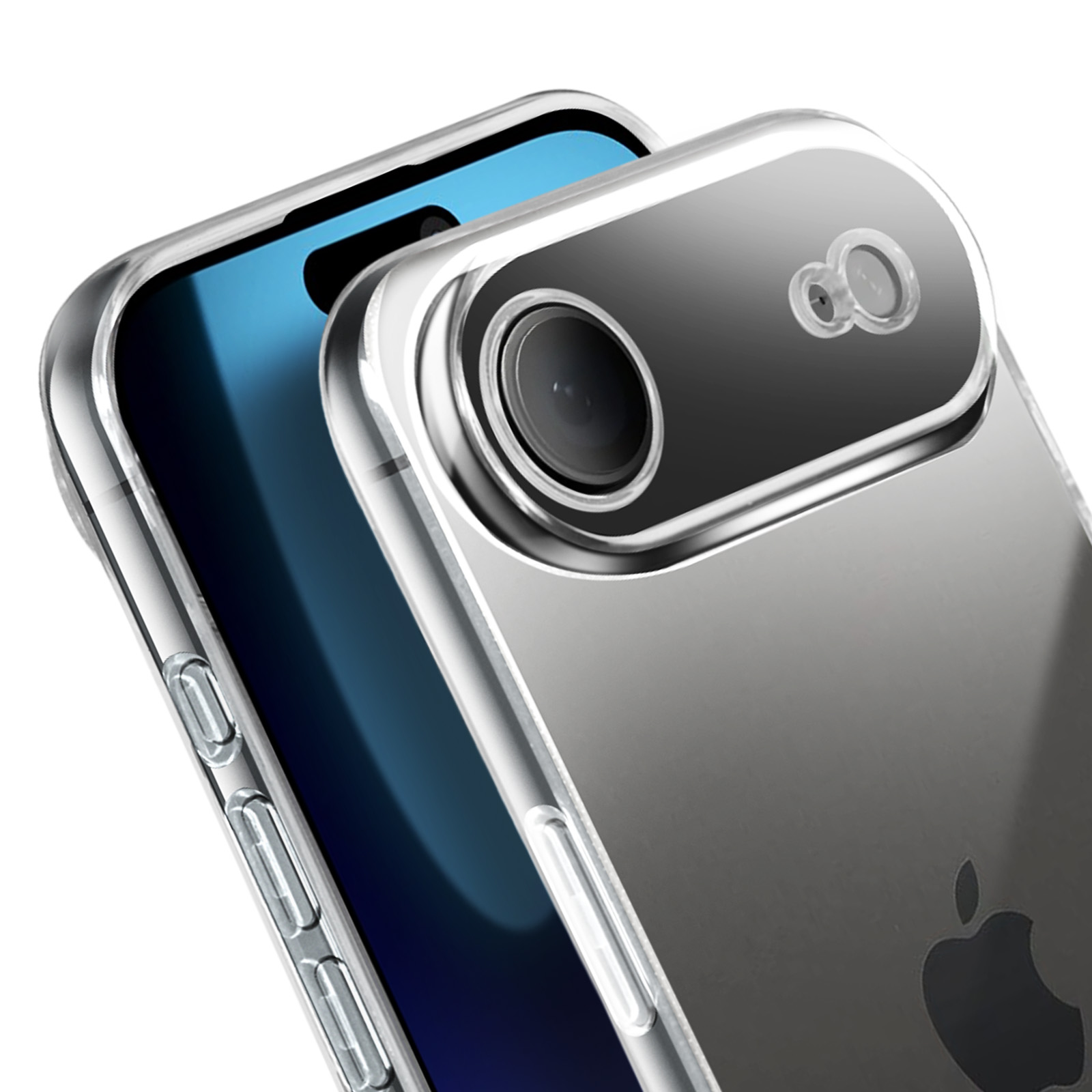 Gros plan d'une coque de téléphone transparente sur un téléphone, montrant l'appareil photo et le logo Apple. Écran bleu visible.