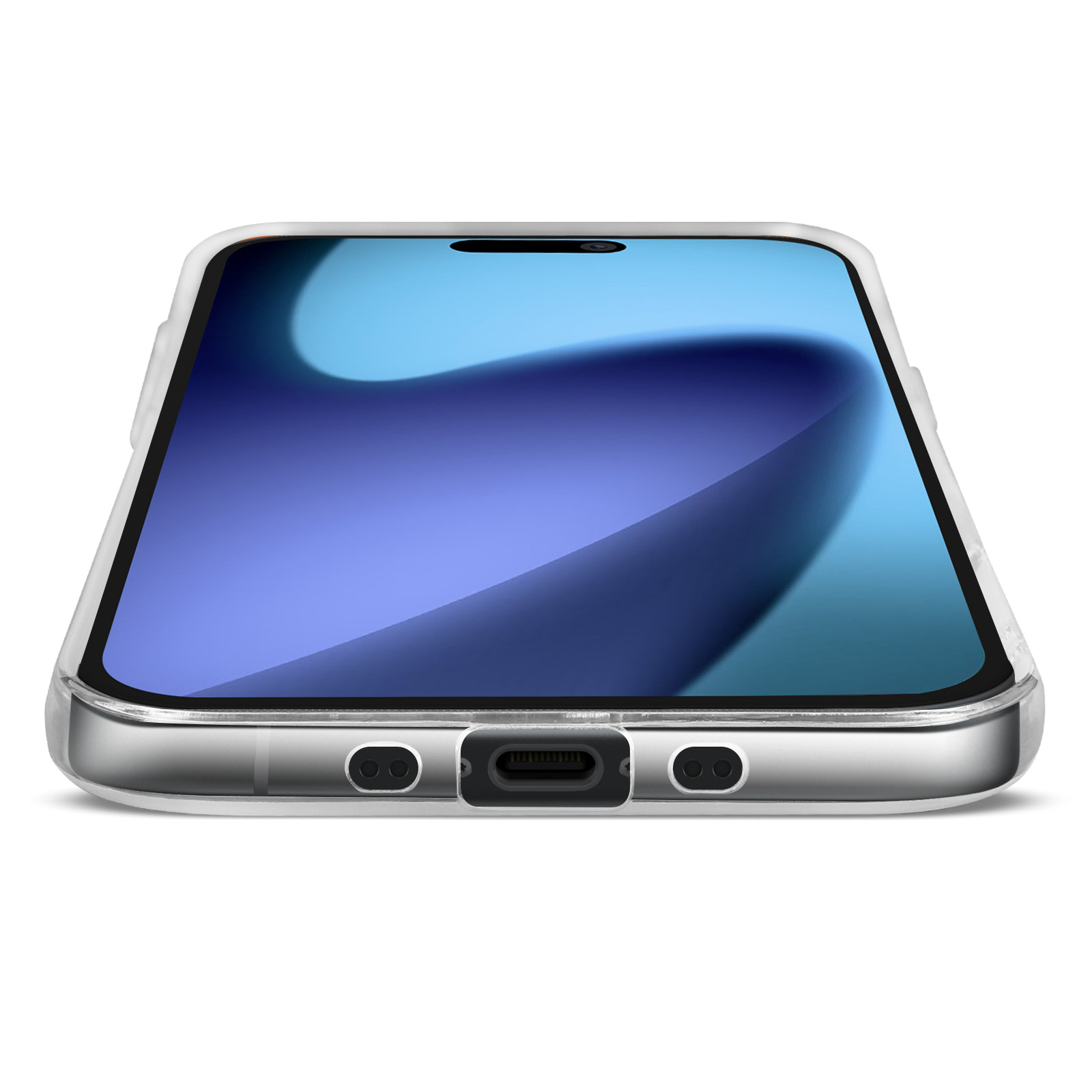 Un smartphone dans une coque transparente. L'écran affiche une image abstraite bleue et blanche. Le téléphone est sur une surface blanche.